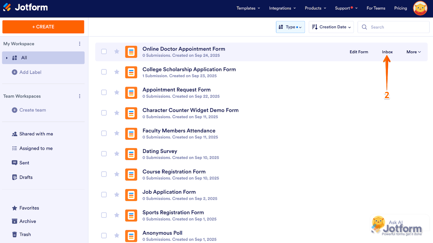 Workspace showing the Online Doctor Appointment Form with the Inbox button highlighted after hovering over the form