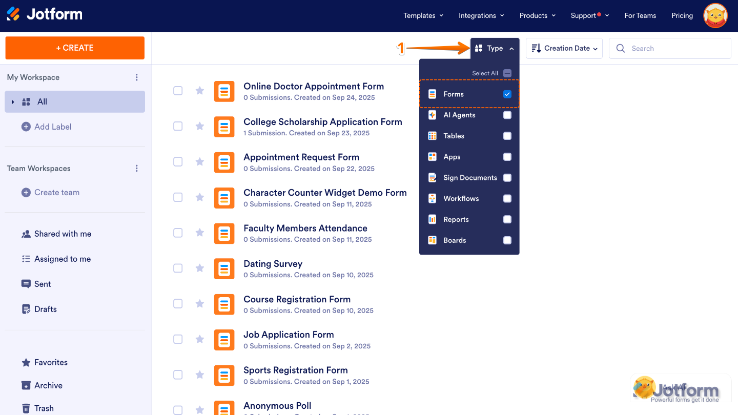 My Workspace page with the Type dropdown open, showing only Forms selected while other asset types are unchecked