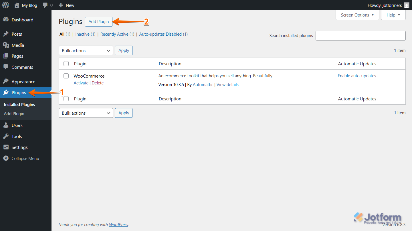 WordPress管理画面のダッシュボードにあるPluginページ。サイドメニューの「Plugin」内で、「Add Plugin」オプションが強調表示されている。