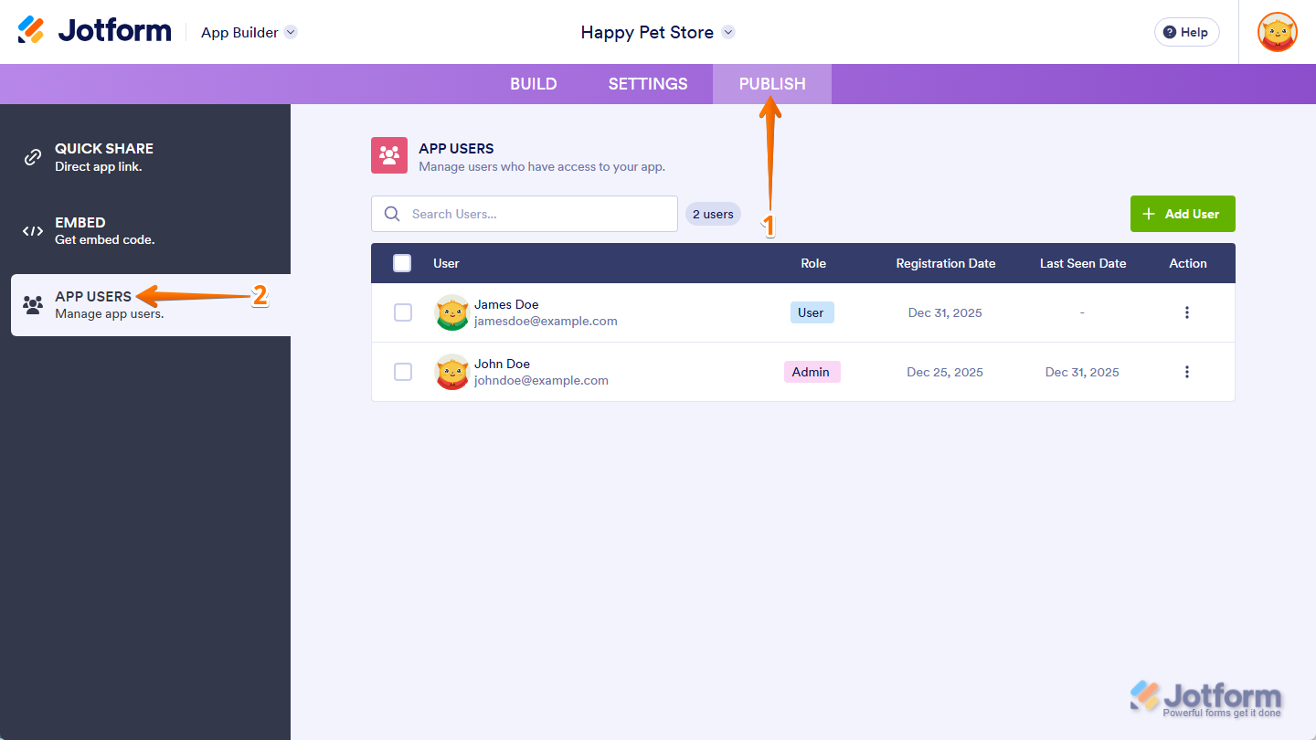 App Users section under the Publish tab in Jotform App Builder