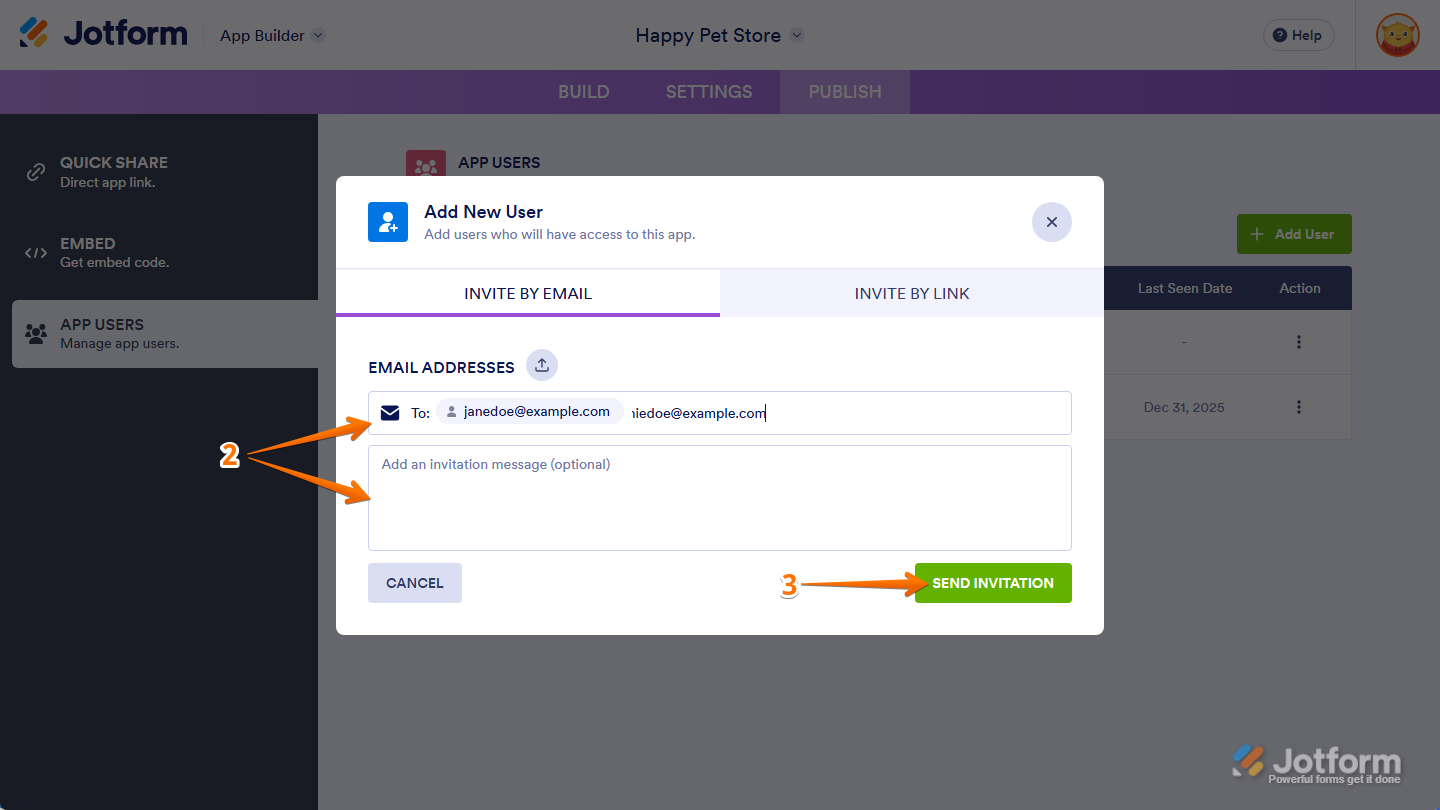 Enter Email Addresses input box and Send Invitation button in the Add New User window in the App Users section under the Publish tab in Jotform App Builder