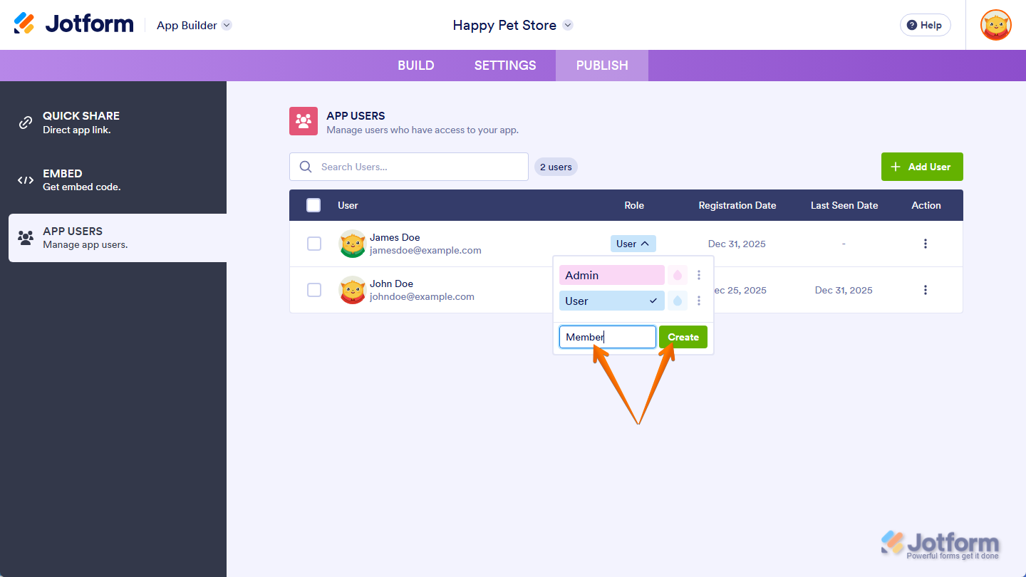 Enter new role and Create button in the Role menu under the Role column in the App Users section under the Publish tab in Jotform App Builder