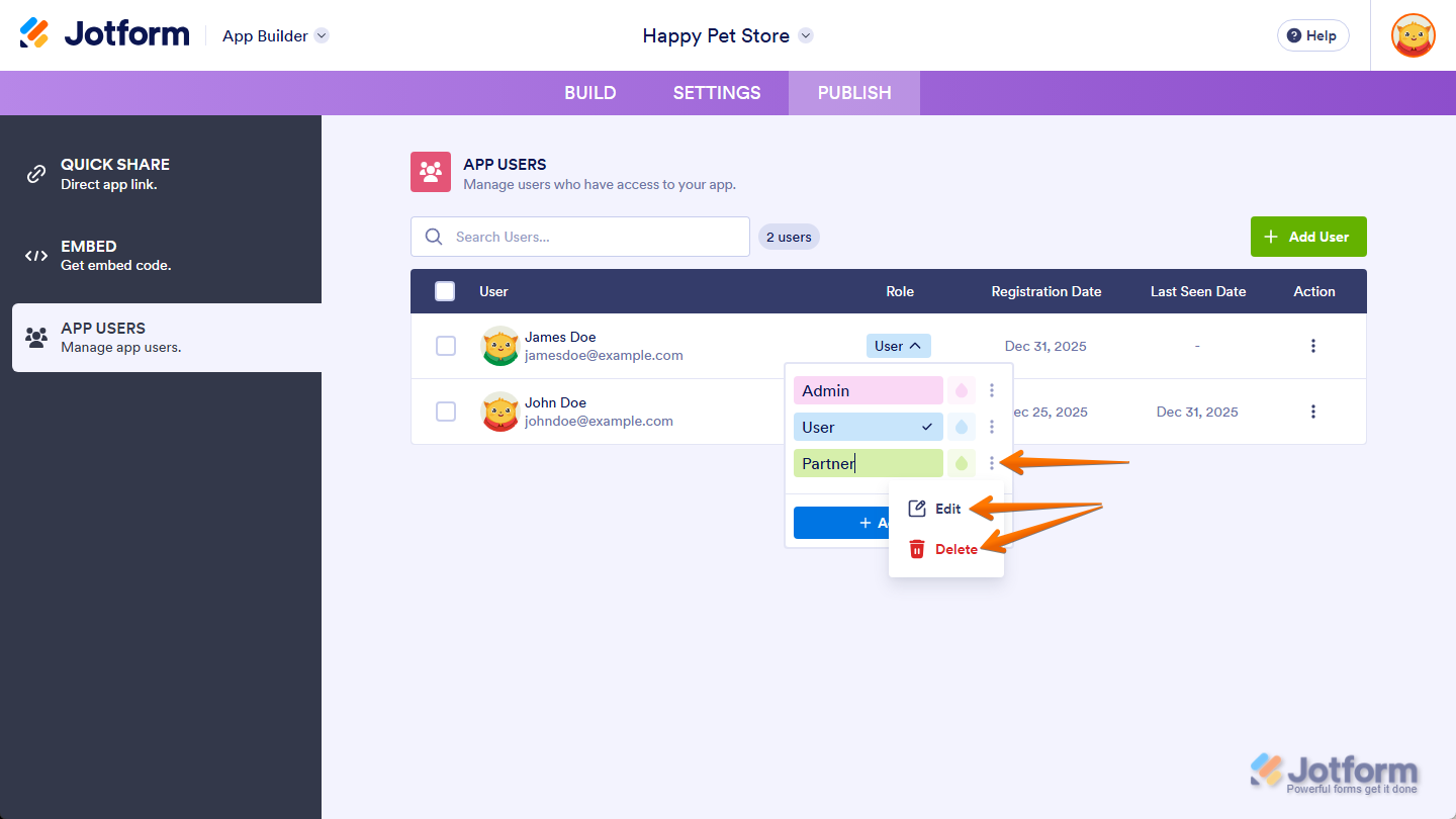 Edit and Delete options in the Role menu under the Role column in the App Users section under the Publish tab in Jotform App Builder
