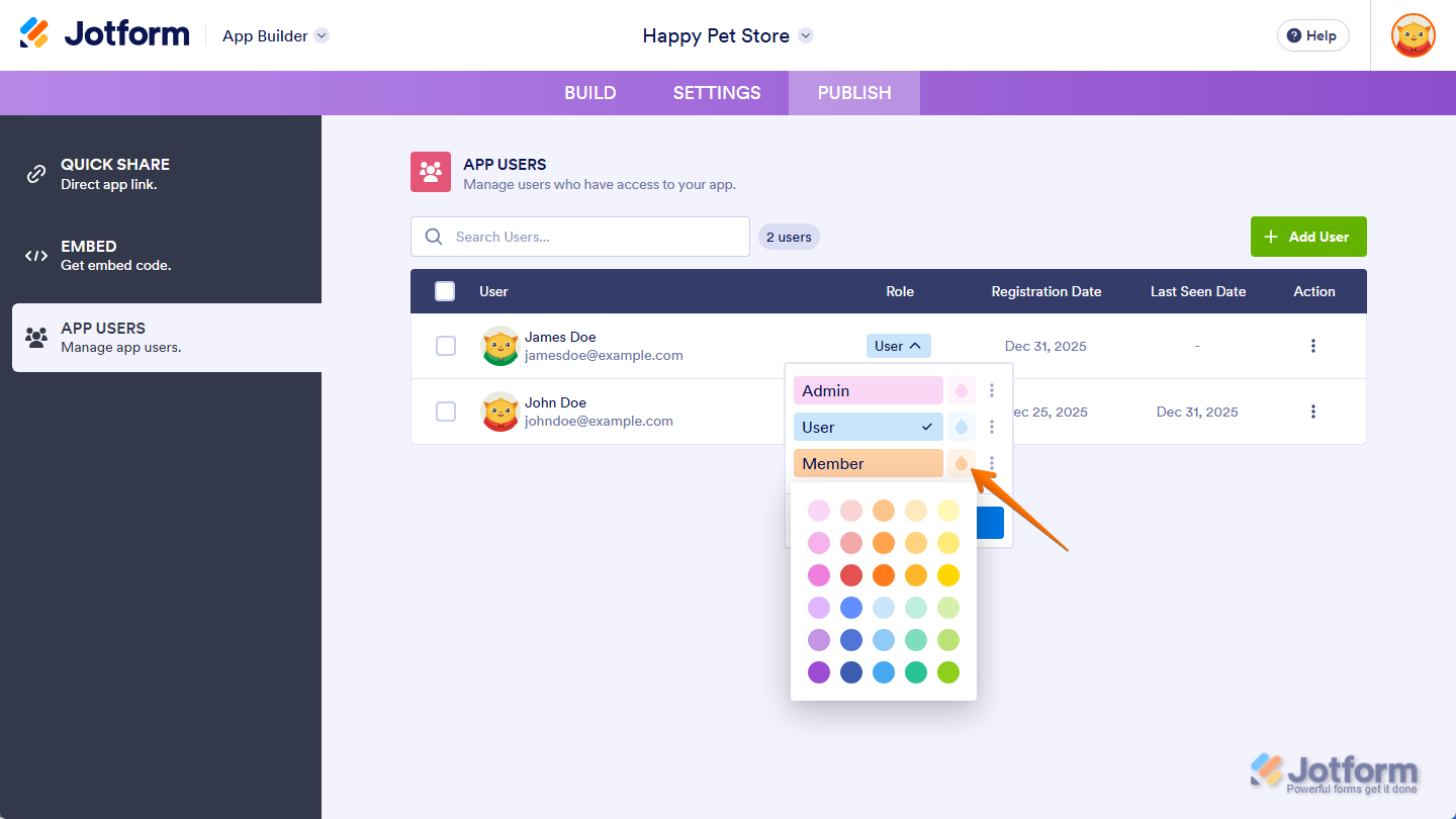 Ink Drop icon and color palette in the Role menu under the Role column in the App Users section under the Publish tab in Jotform App Builder