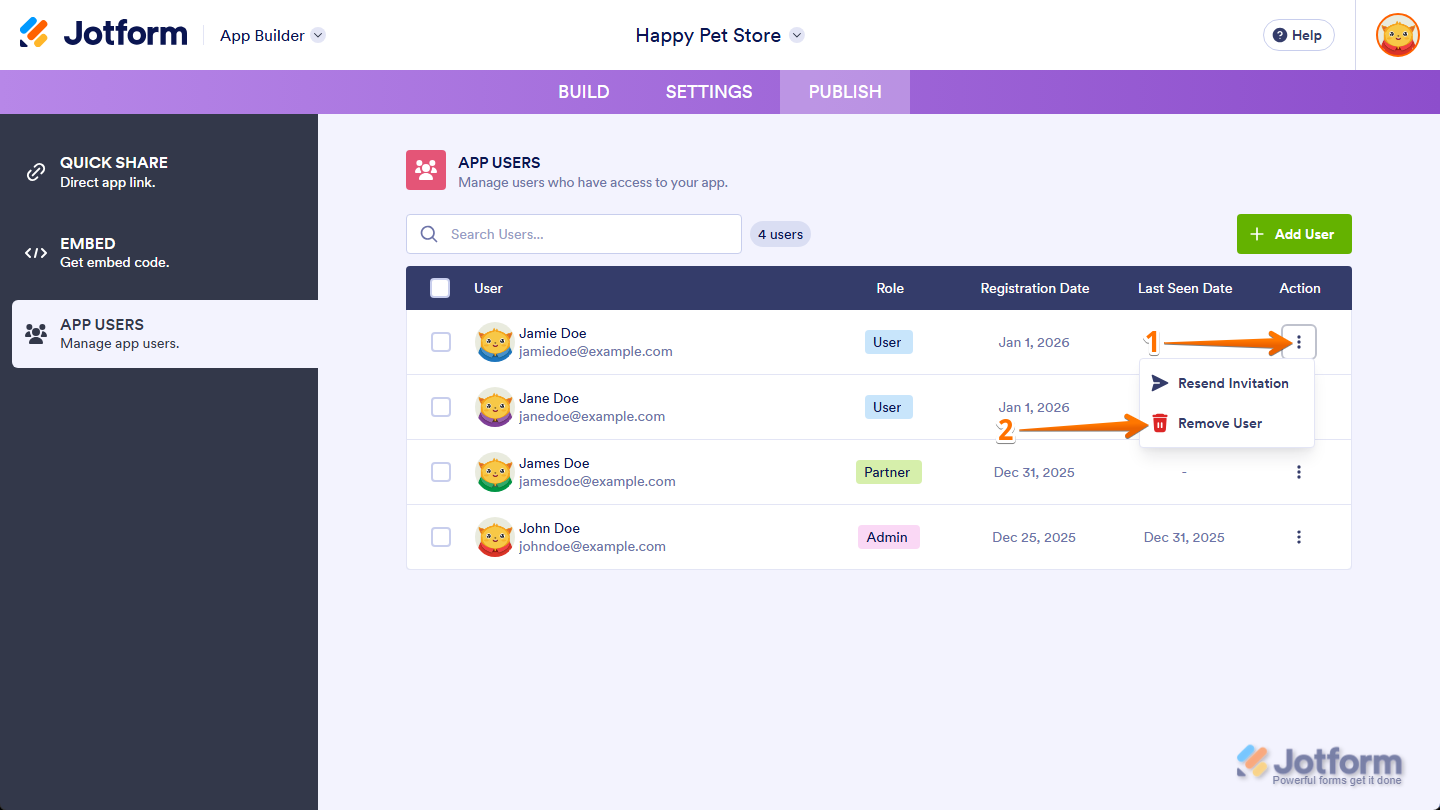 Remove User option in the App User menu n in the App Users section under the Publish tab in Jotform App Builder