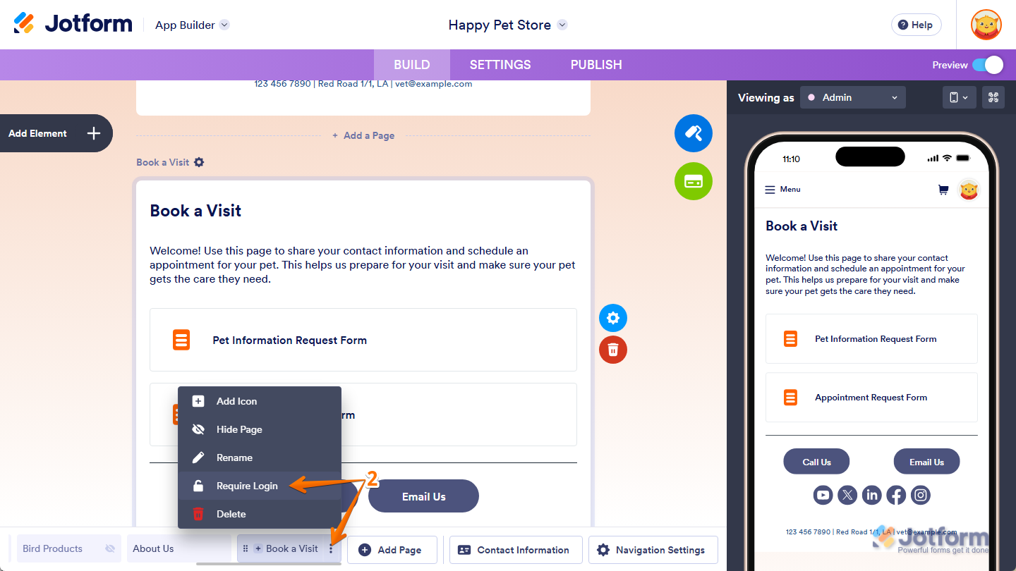 Require Login option in the Navigation Page menu in Jotform App Builder