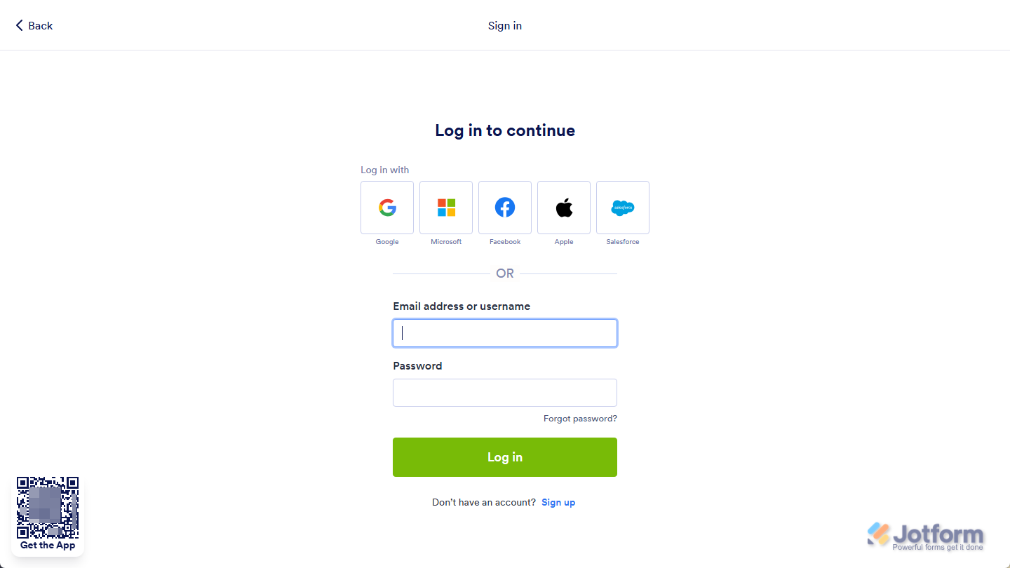 Login Page on a Jotform App Page