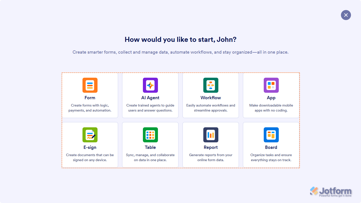 Select Asset window on Jotform Workspace page