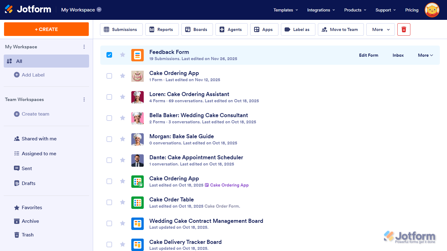 View submissions and access inbox options on Jotform Workspace page