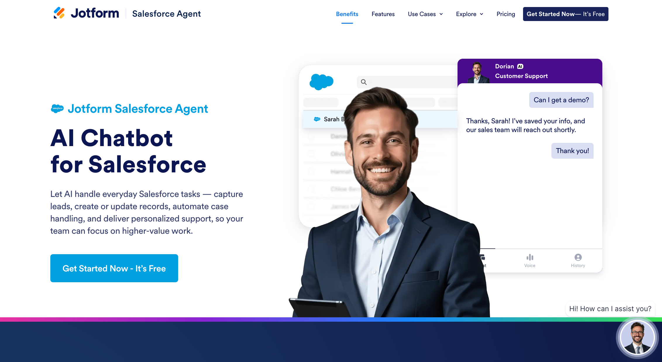 Screenshot of Jotform Salesforce Agent's landing page, showing a headline "AI Chatbot for Salesforce"