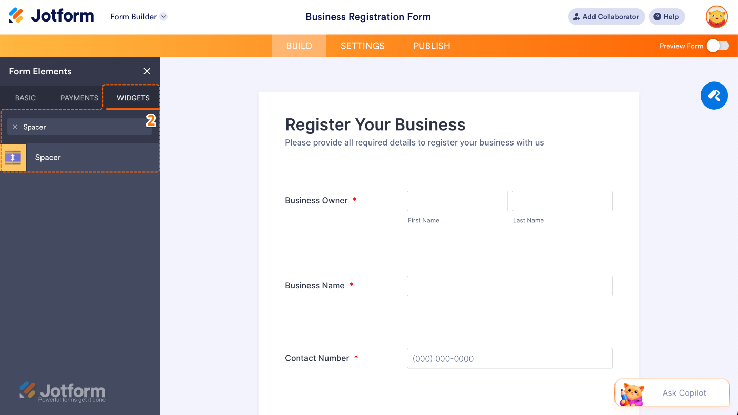 Form Elements menu under the Widgets tab showing the Spacer widget being searched and selected