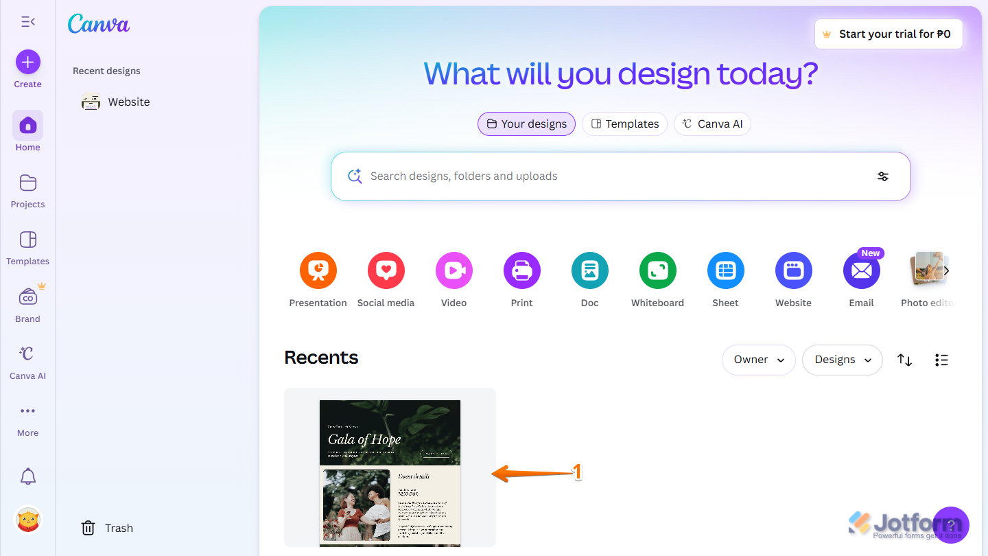 Recents section of Canva dashboard