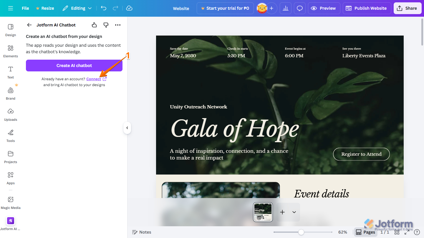 Connect link in Jotform AI Chatbot screen