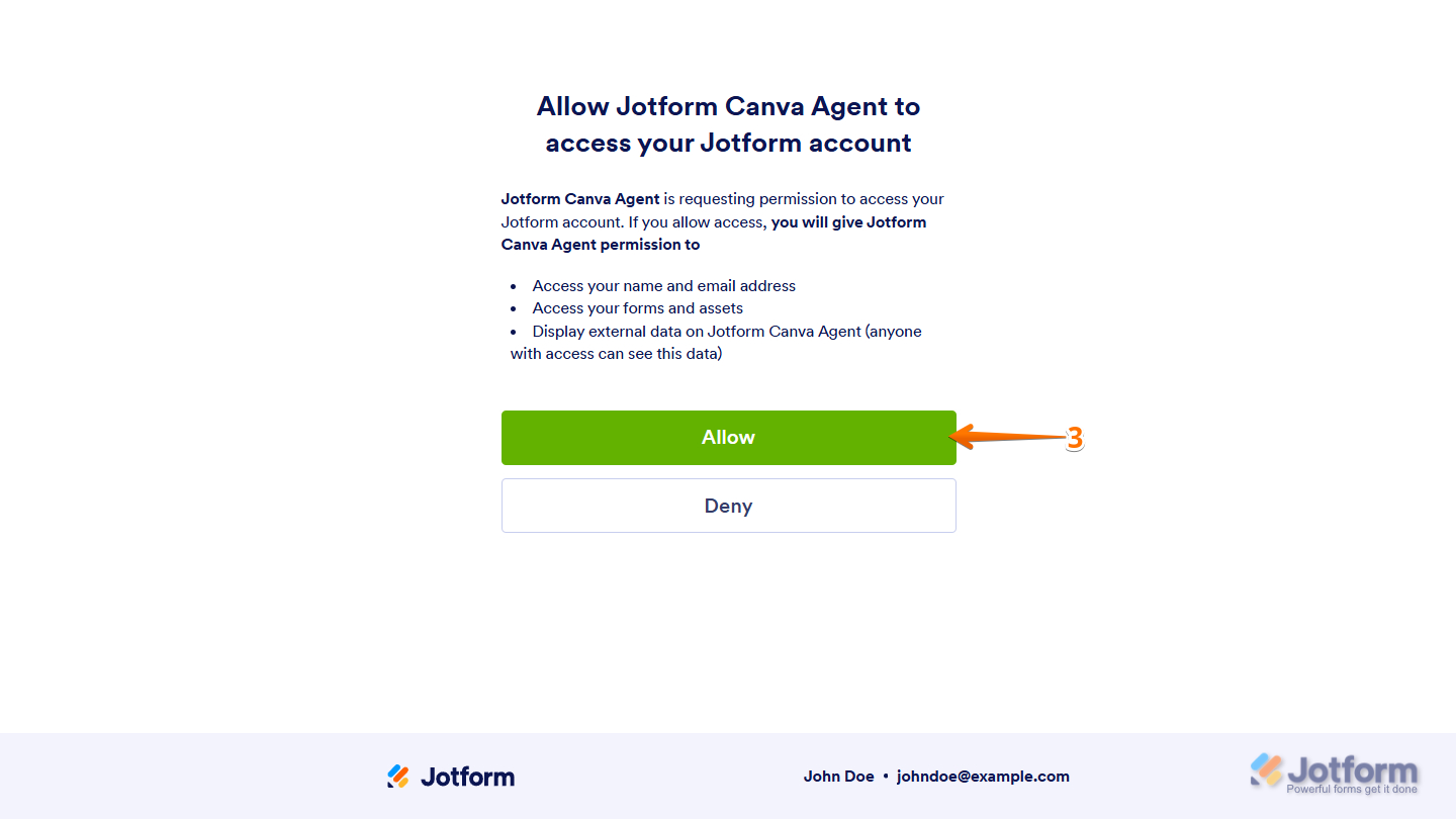 Jotform permission screen to connect the Jotform Canva Agent
