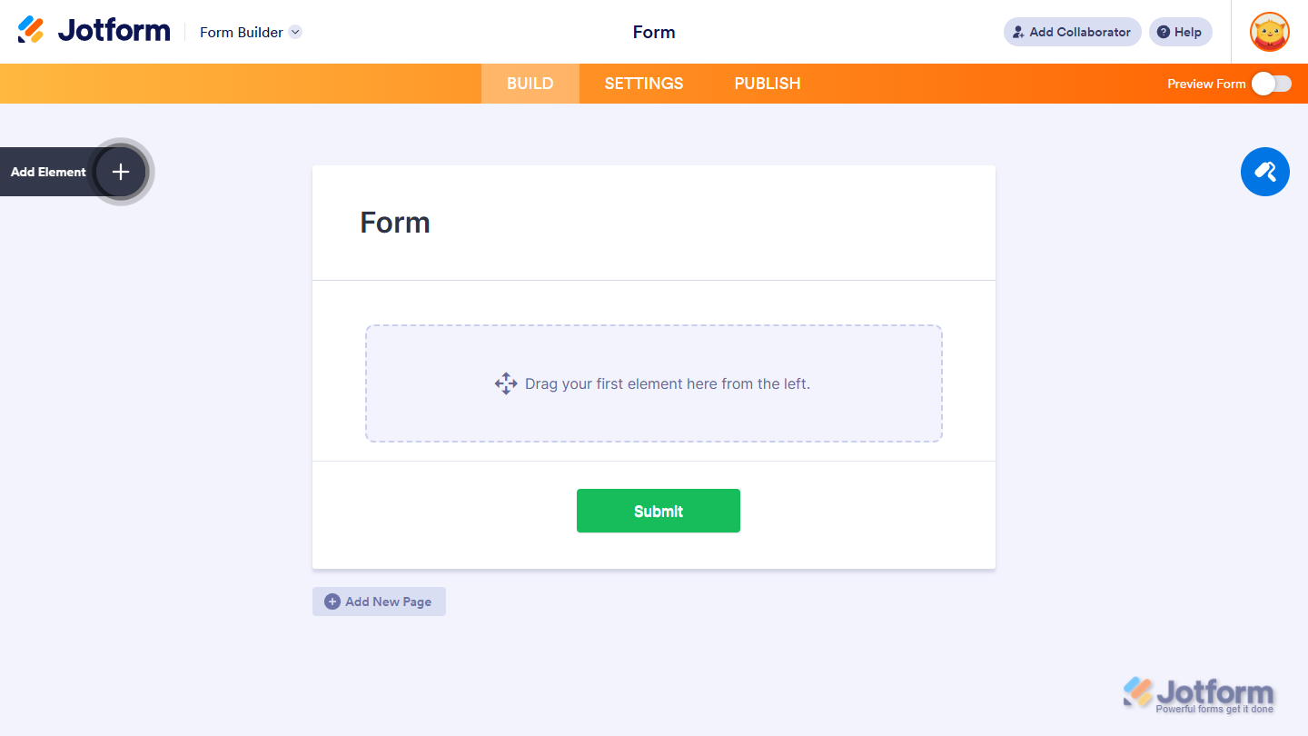 Form Builder interface showing Blank Form loaded after Google Workspace sign-in in Jotform