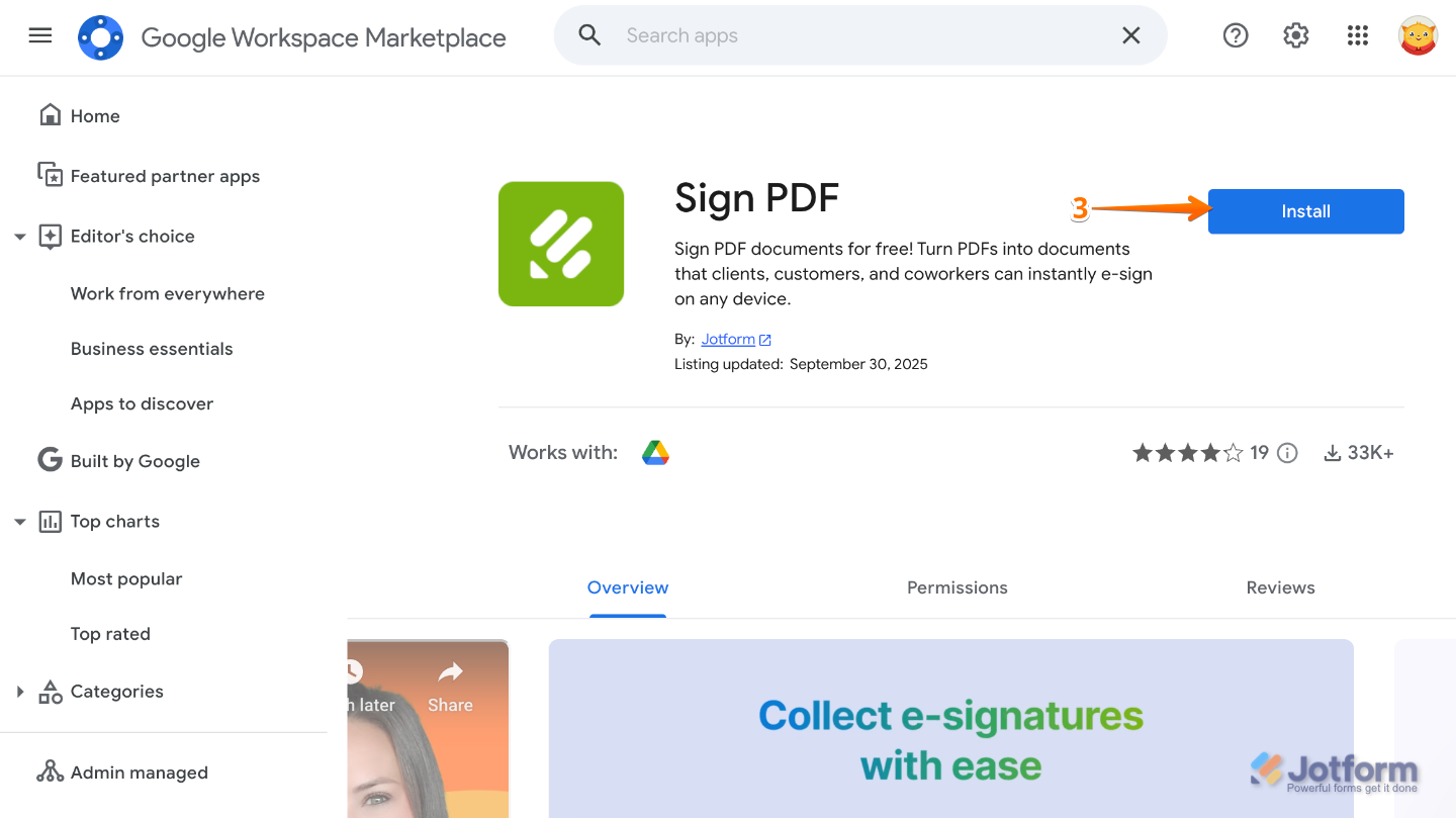 Google Workspace Marketplace page showing the Install button on the left side of the screen