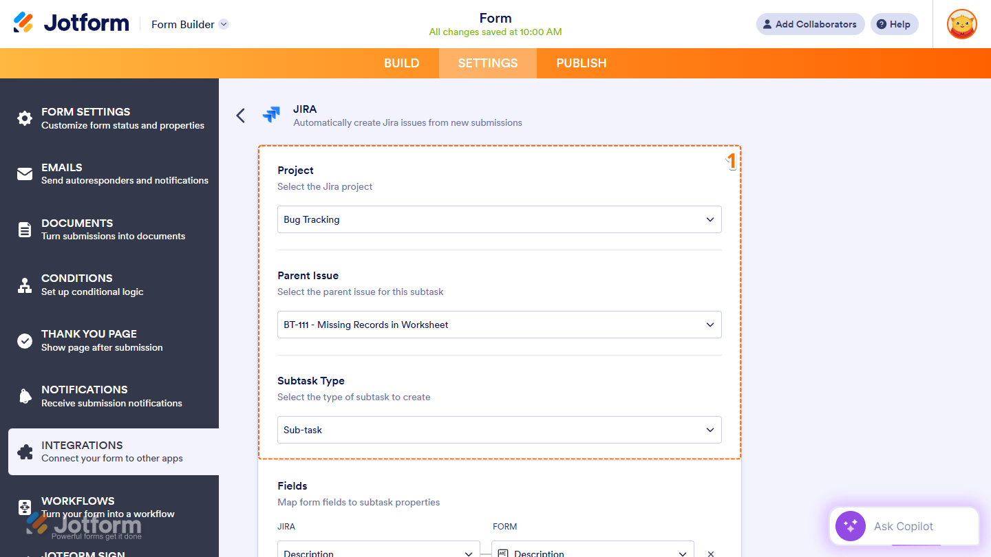 Create a subtask options in Jira integration settings