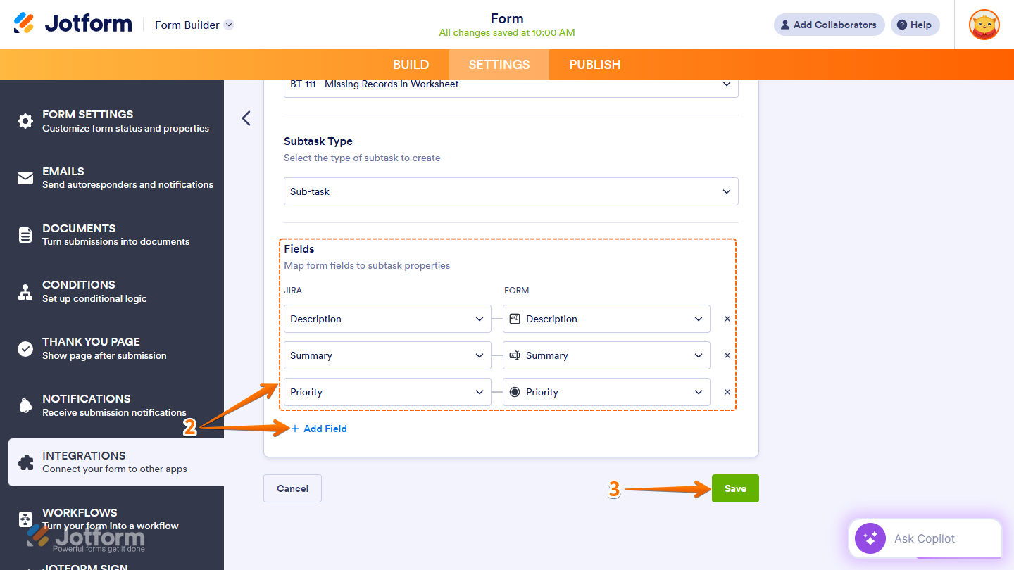 Mapping of fields in Jira integration when creating a subtask