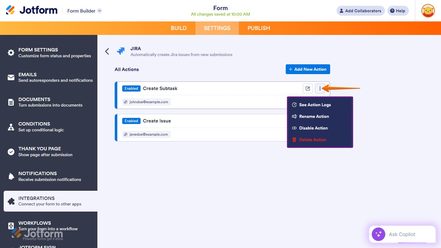 Action options in an Action created in Jira integration