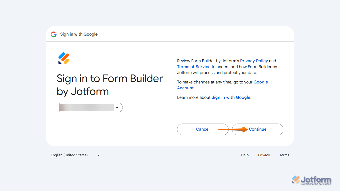 Jotform sign-in screen showing Continue button after launching Form Builder from Google Workspace