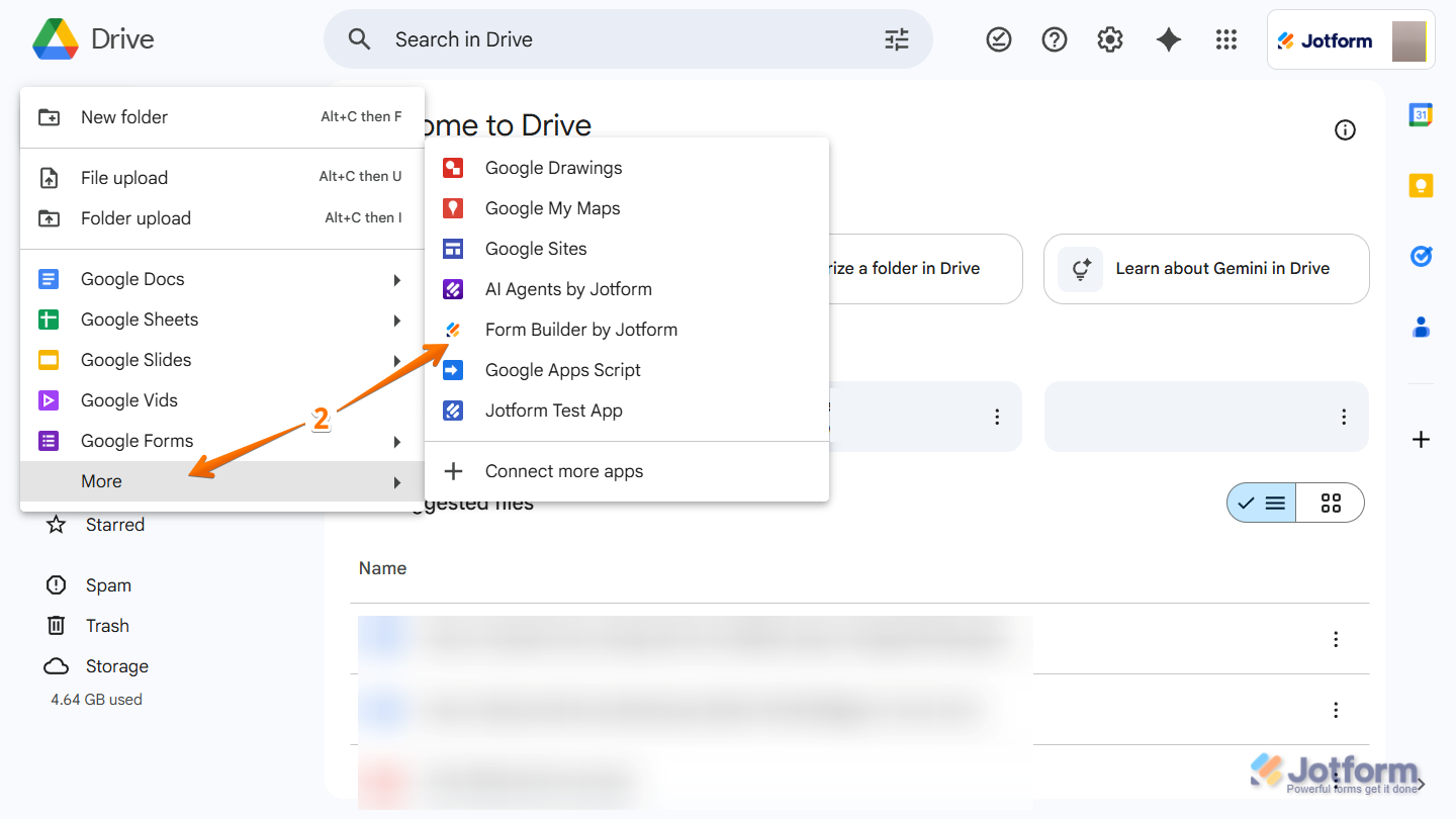 Google Drive New menu showing More option and Form Builder by Jotform selection