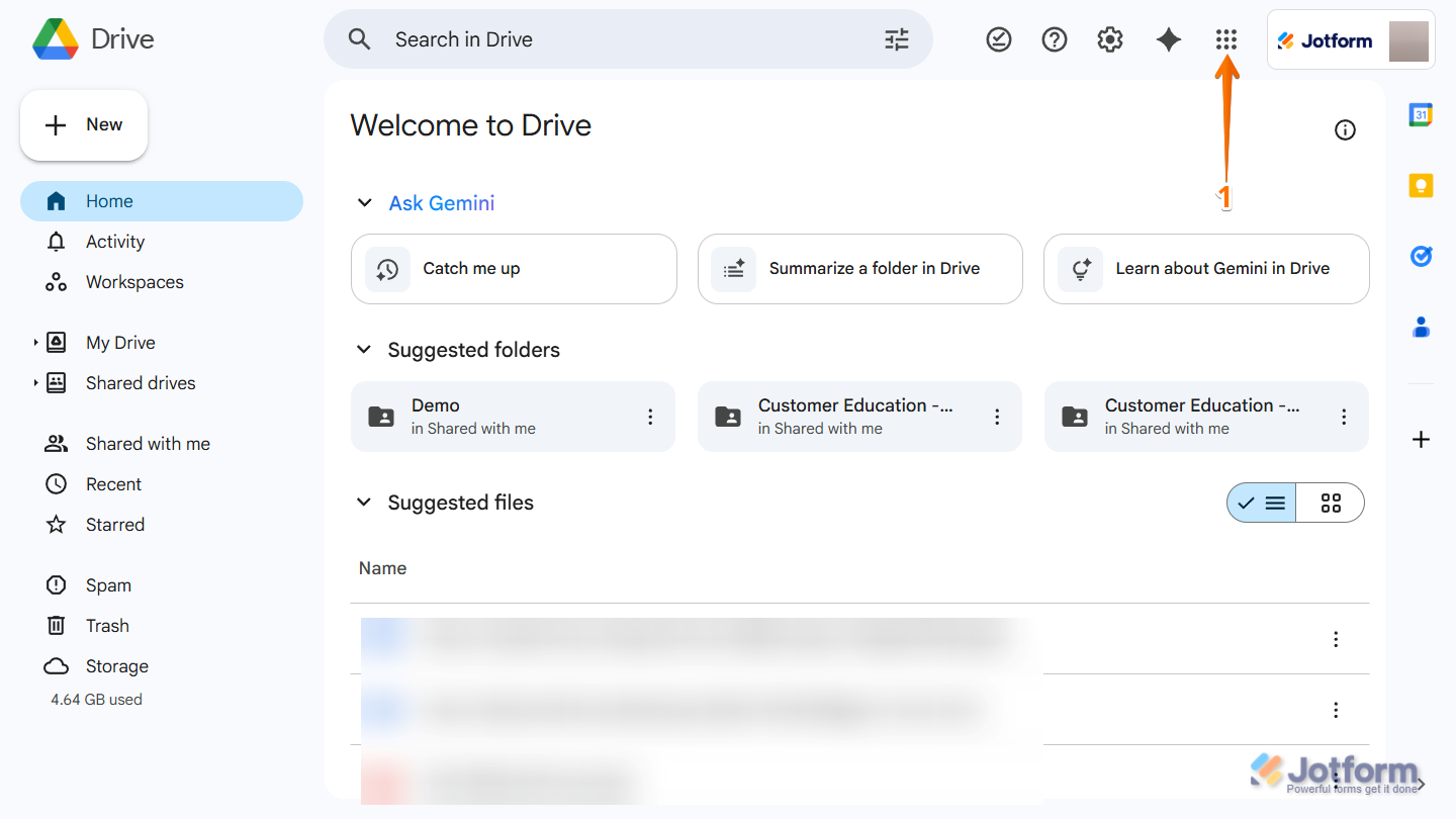 Google Workspace app toolbar showing Nine Dots app launcher icon in the top right corner