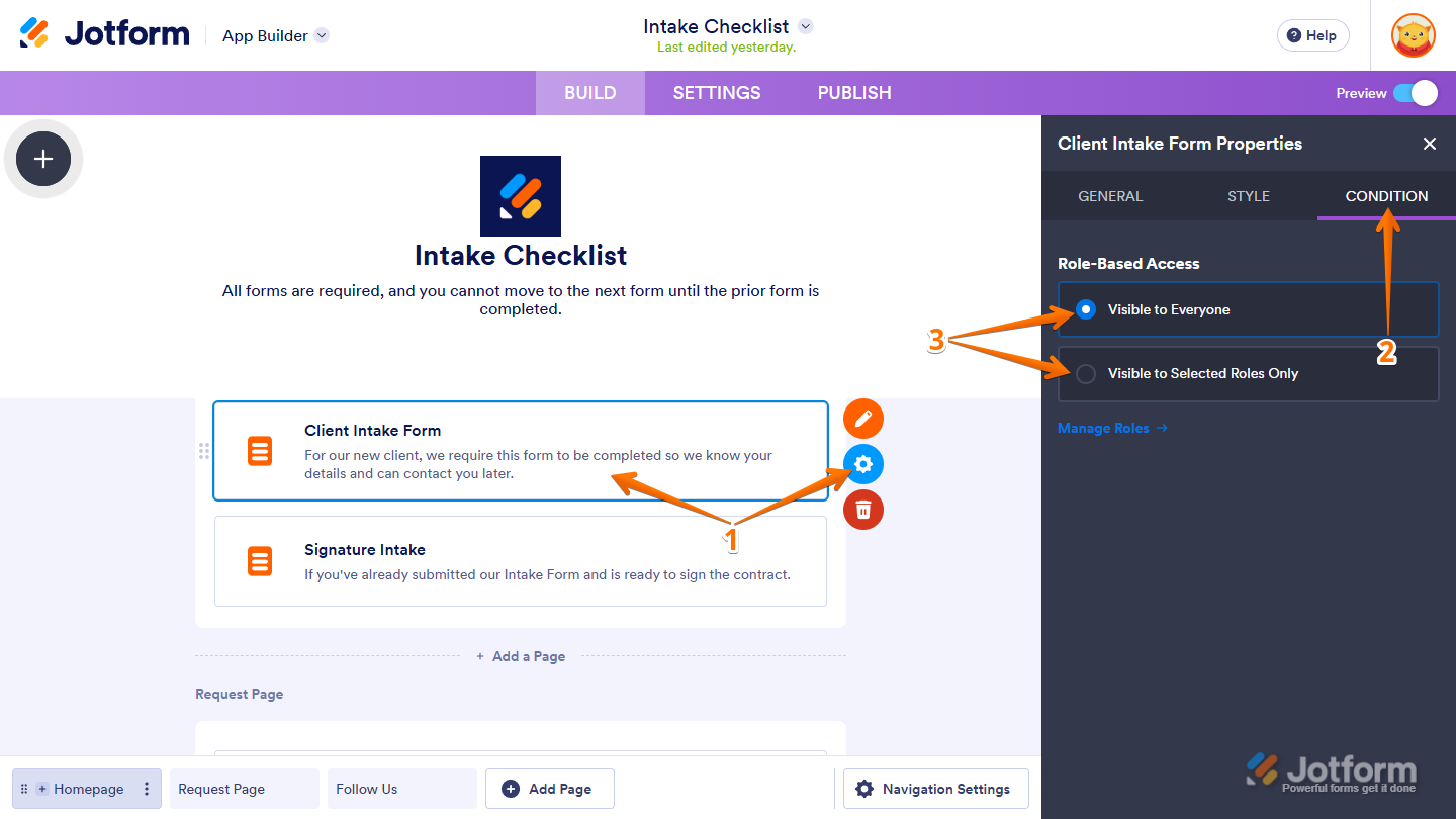 Role-Based Access in the Condition tab of the Element Properties in the Jotform App Builder