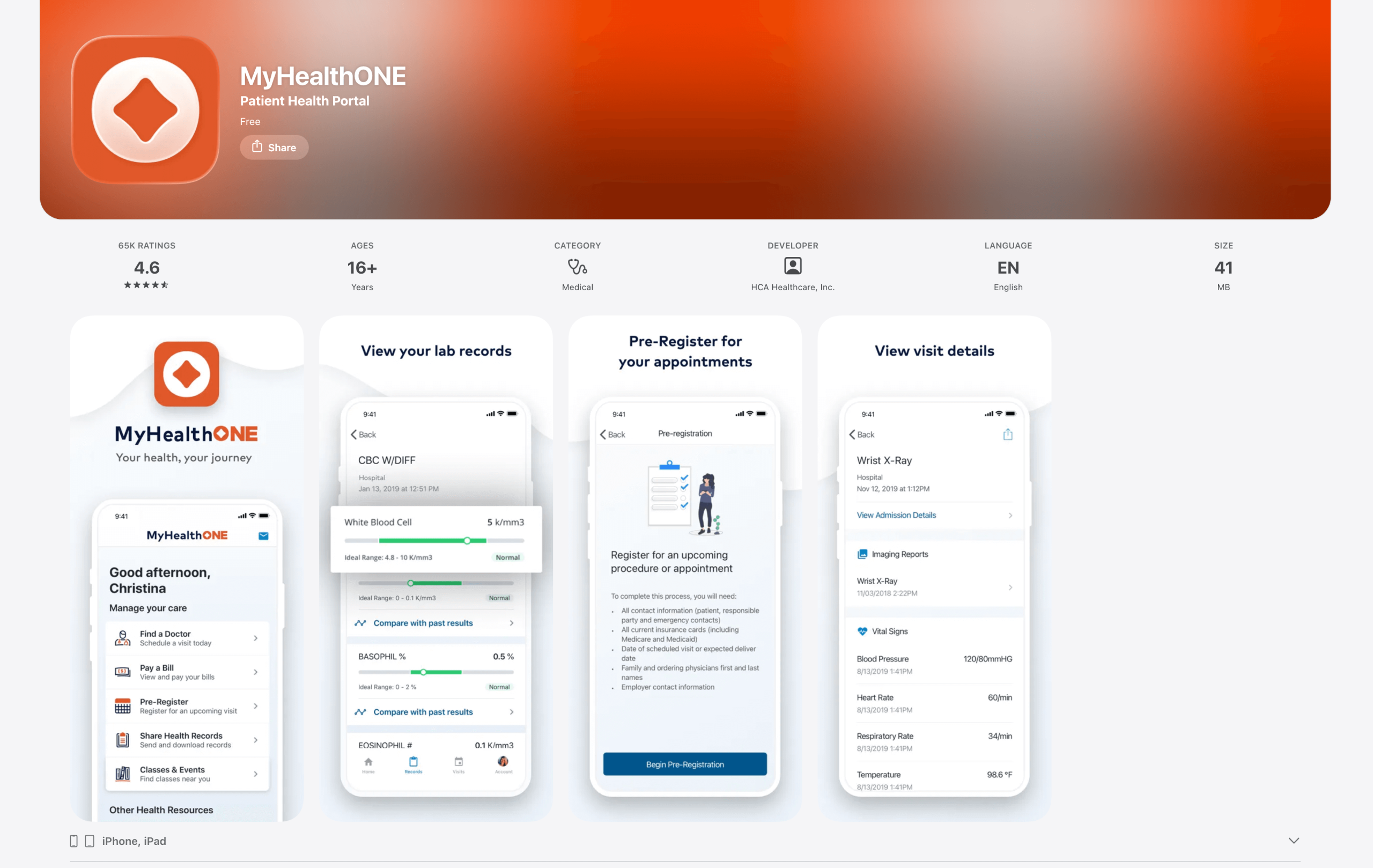 App Store listing for the MyHealthONE patient health portal app, showing the app icon, rating, and iPhone preview screens for lab results, appointment pre-registration, visit details, and health records
