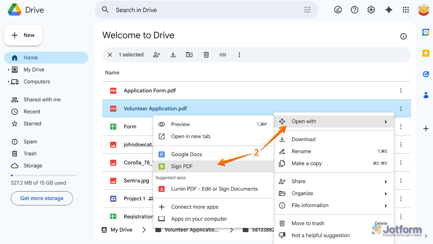 Google Drive file menu showing the Open with option selected and Sign PDF chosen from the list