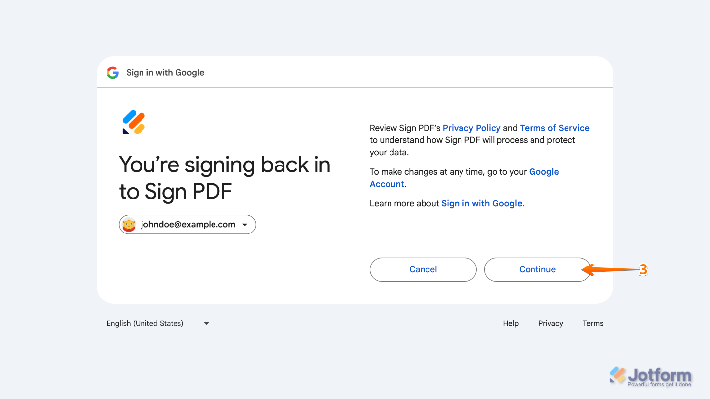 Jotform sign-in page in a new browser tab with the Continue button clicked after entering account credentials