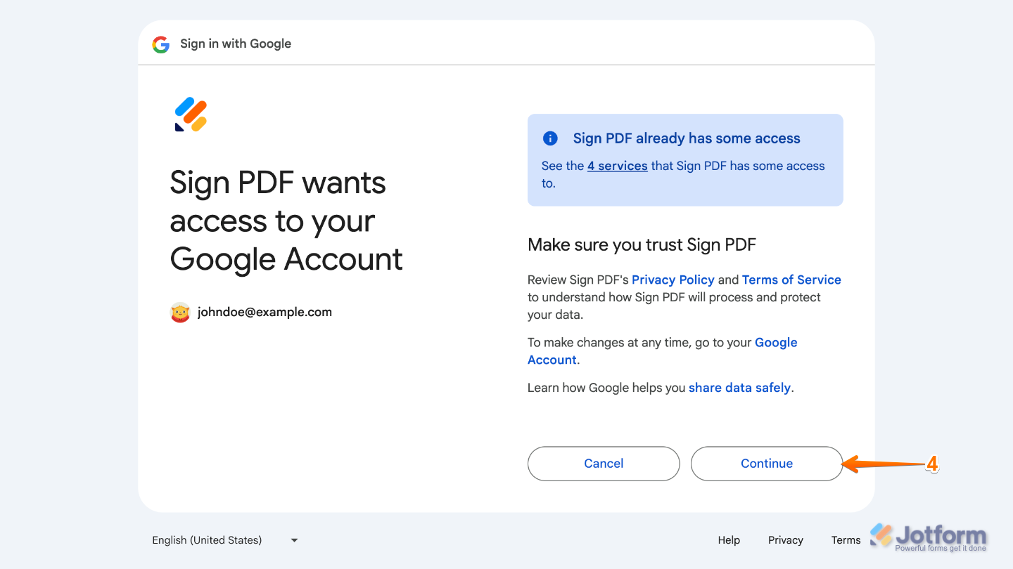 Google Account permission screen showing requested permissions reviewed and the Continue button clicked