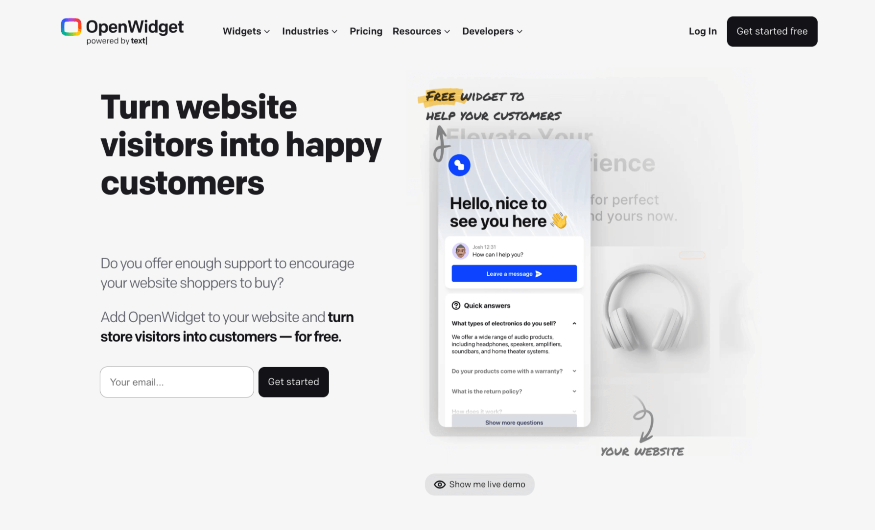 Screenshot of OpenWidget landing page