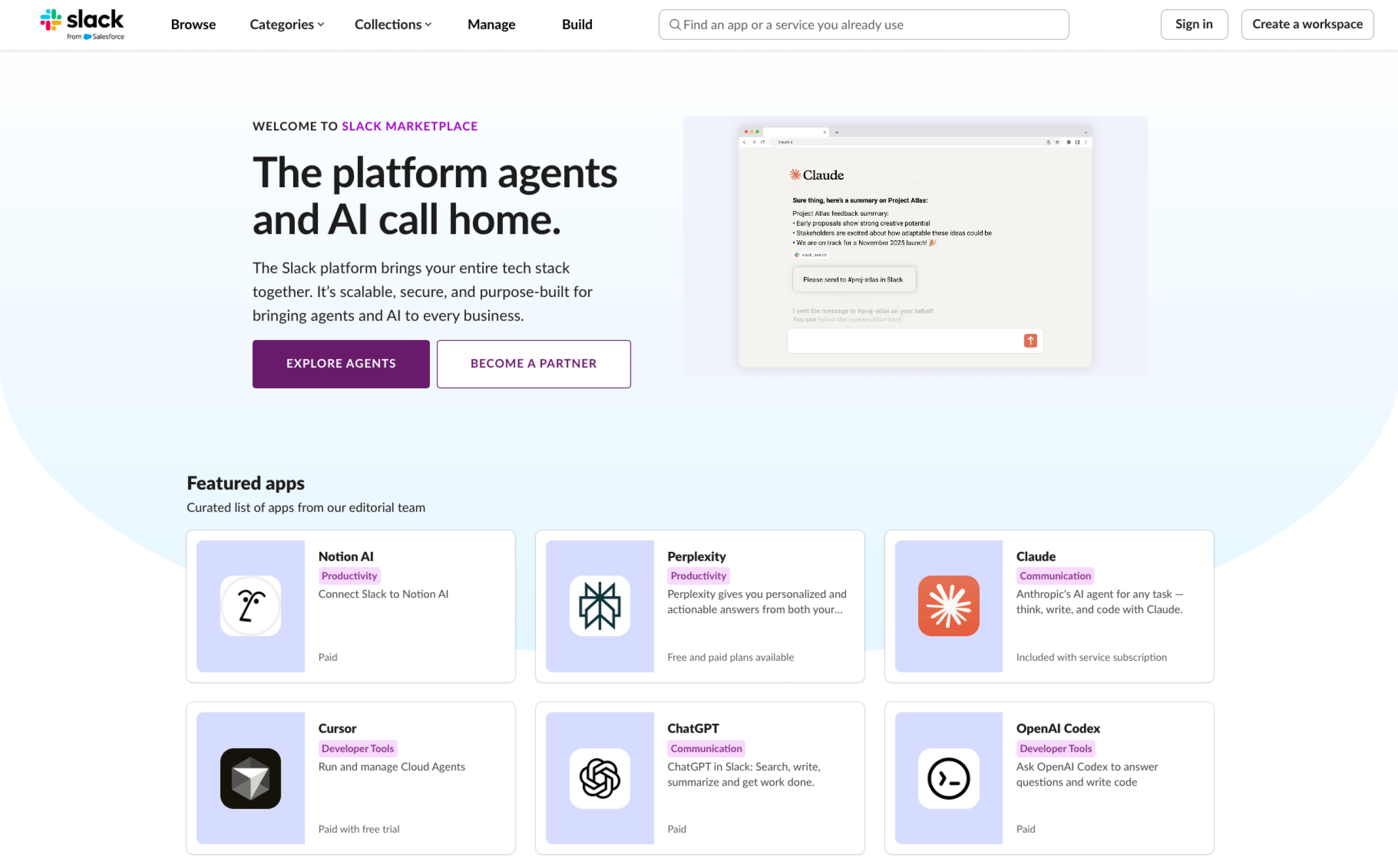 Screenshot of Slack Marketplace landing page