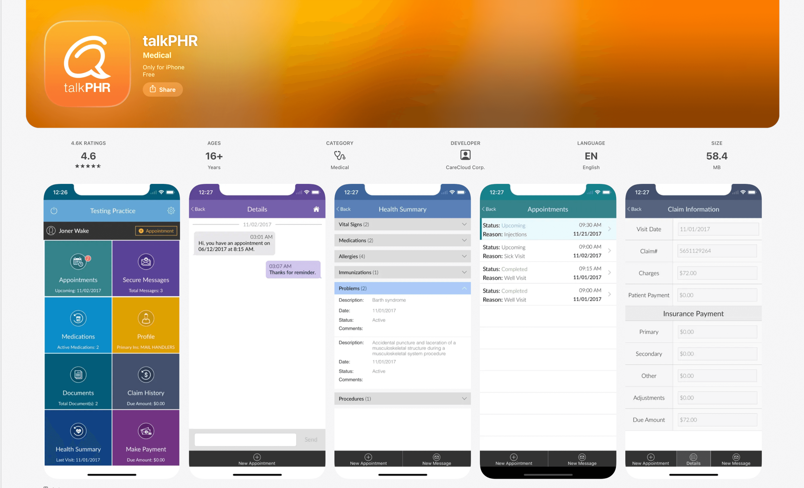 App Store listing for the talkPHR medical app, showing the app icon, rating, and preview screens for appointments, secure messages, health summary and medications