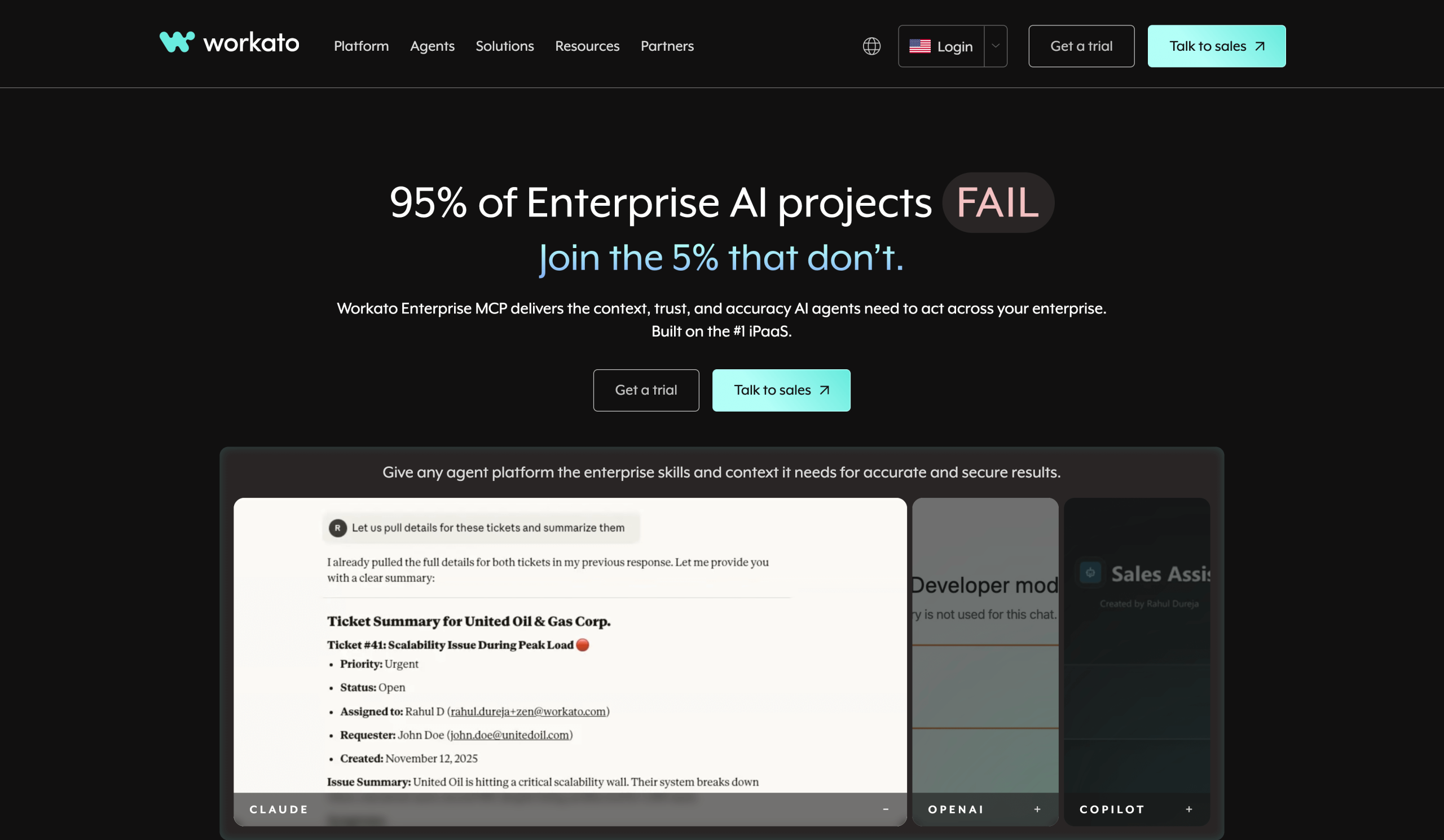 Screenshot of Workato landing page