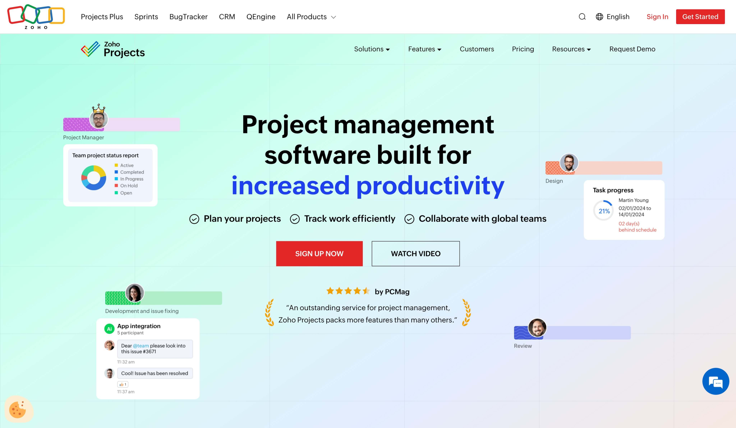 Screenshot of Zoho Projects website with the words: "Project management software built for dynamic teams"