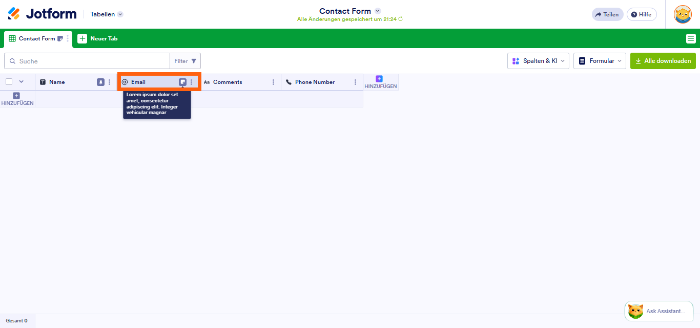 So fügen Sie Beschreibungen zu Registerkarten und Spalten in Jotform Tabellen hinzu Image-7