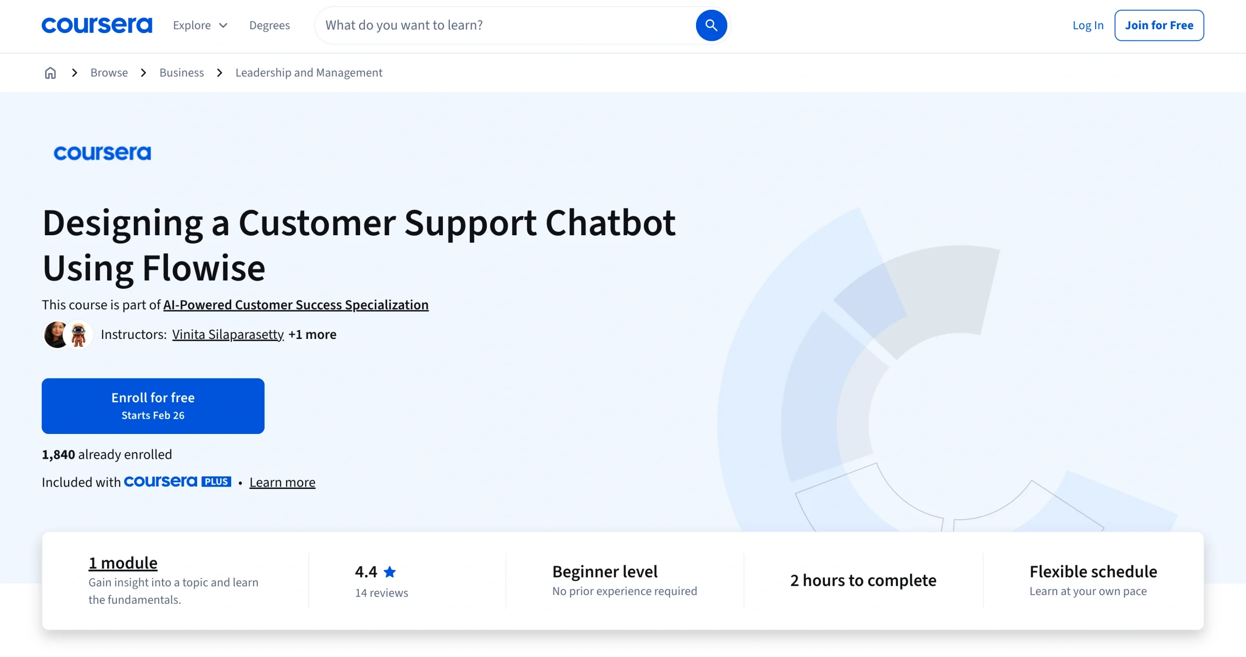 Coursera guided project page titled “Designing a Customer Support Chatbot Using Flowise,” displaying course overview, rating, beginner level, completion time, and flexible schedule information