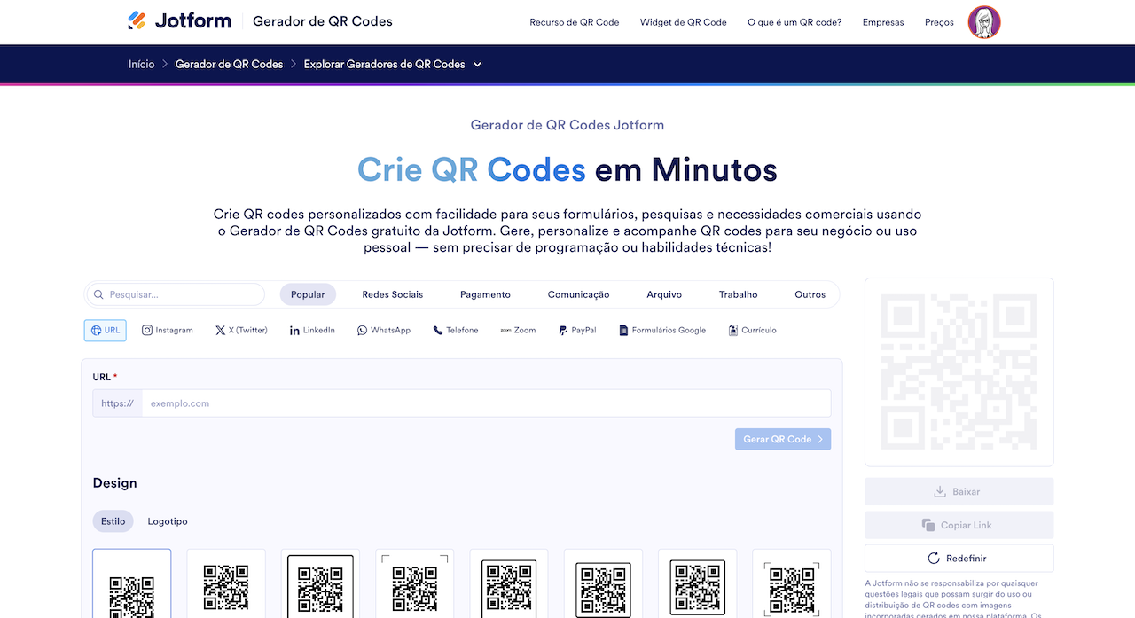 Captura de tela da página do Gerador de QR Codes da Jotform