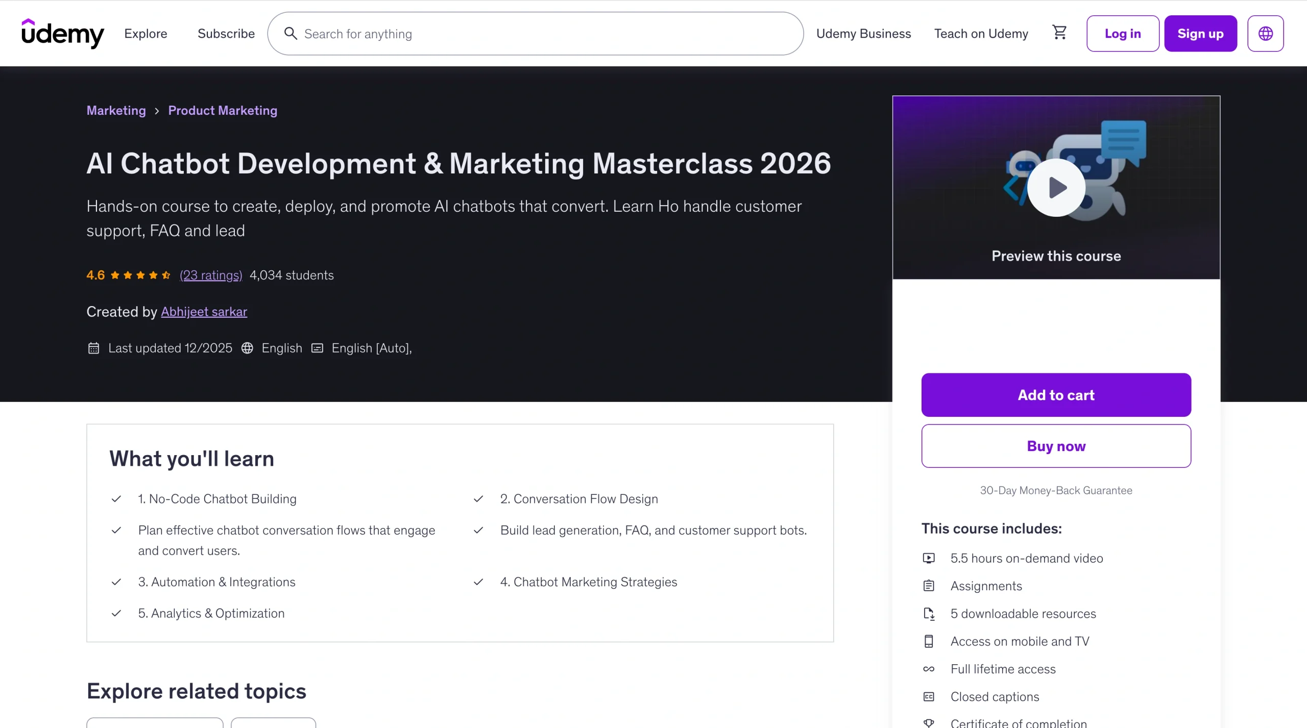 Udemy course page for “AI Chatbot Development & Marketing Masterclass,” showing course overview, ratings, pricing options, and a list of topics covered including chatbot platforms and integrations