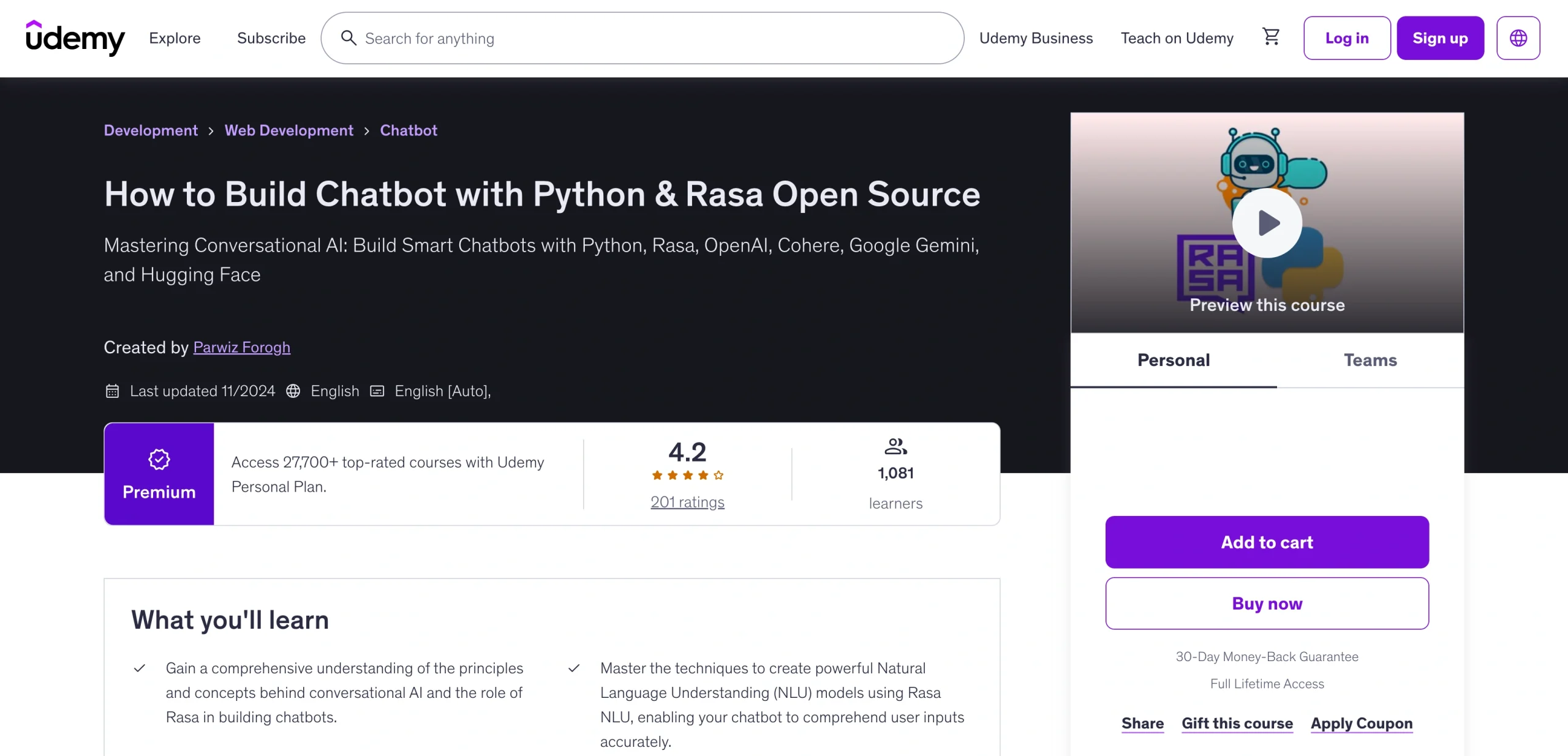 Udemy course page titled “How to Build Chatbot with Python & Rasa Open Source,” displaying instructor name, rating, learner count, preview video, and Add to cart and Buy now buttons