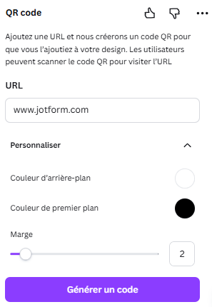 Capture d'écran de l'interface utilisateur du générateur de code QR de Canva