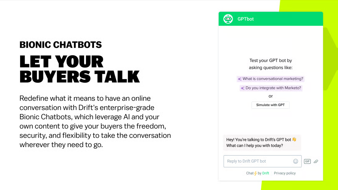 Image featuring text 'Bionic Chatbots: Let Your Buyers Talk' and a Drift chatbot interface