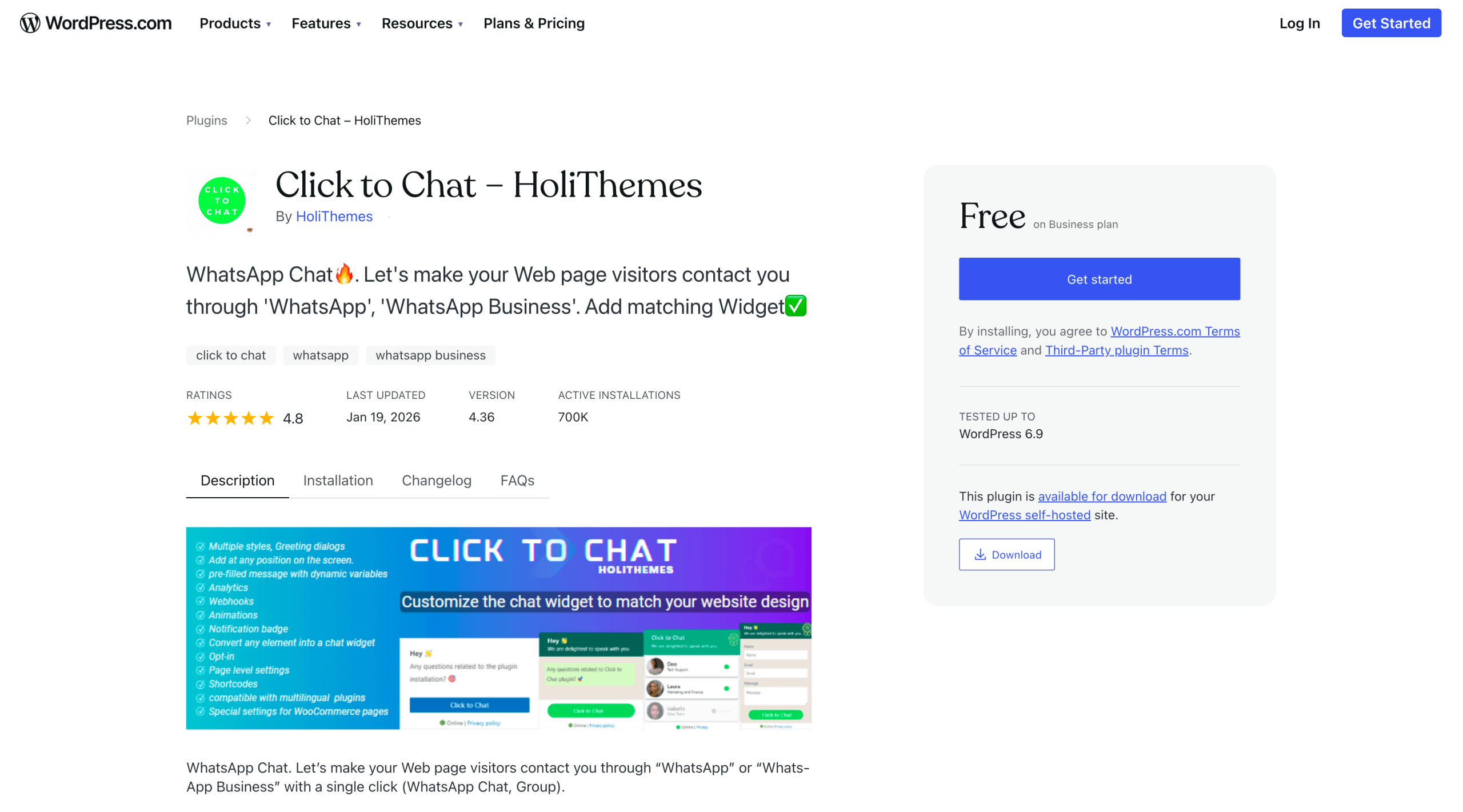Screenshot of the Click to Chat plugin landing page in the WordPress plugin directory