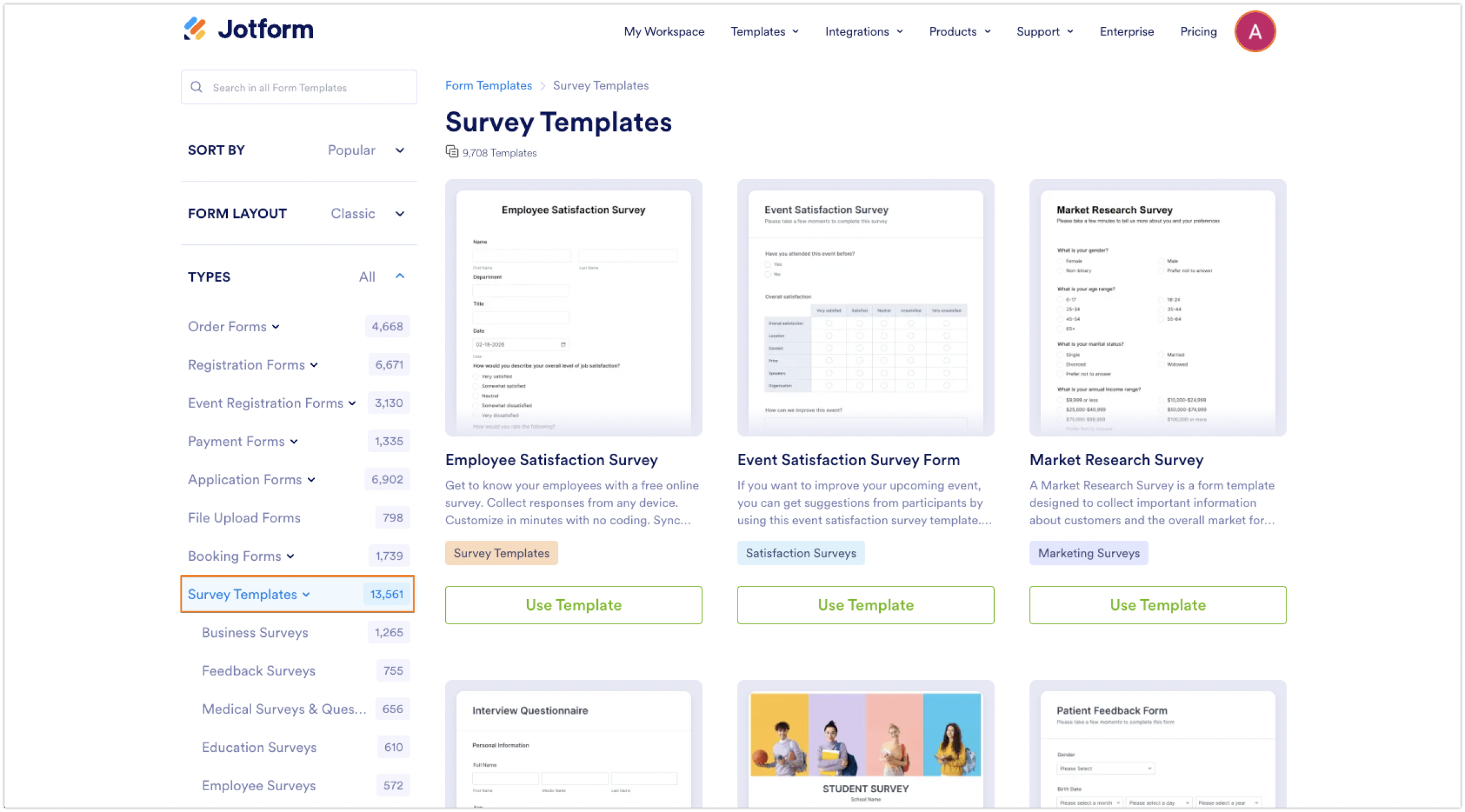Jotform Template Gallery Survey Templates Tab 