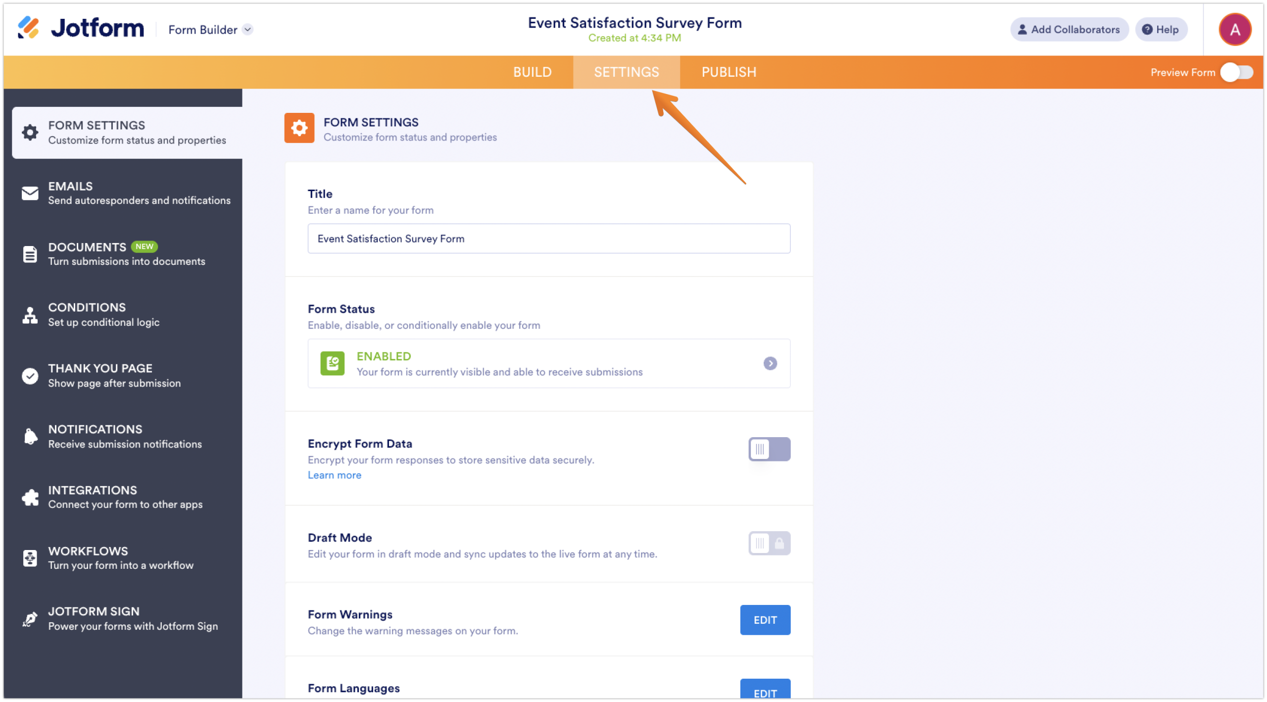Jotform Form Builder Settings Tab