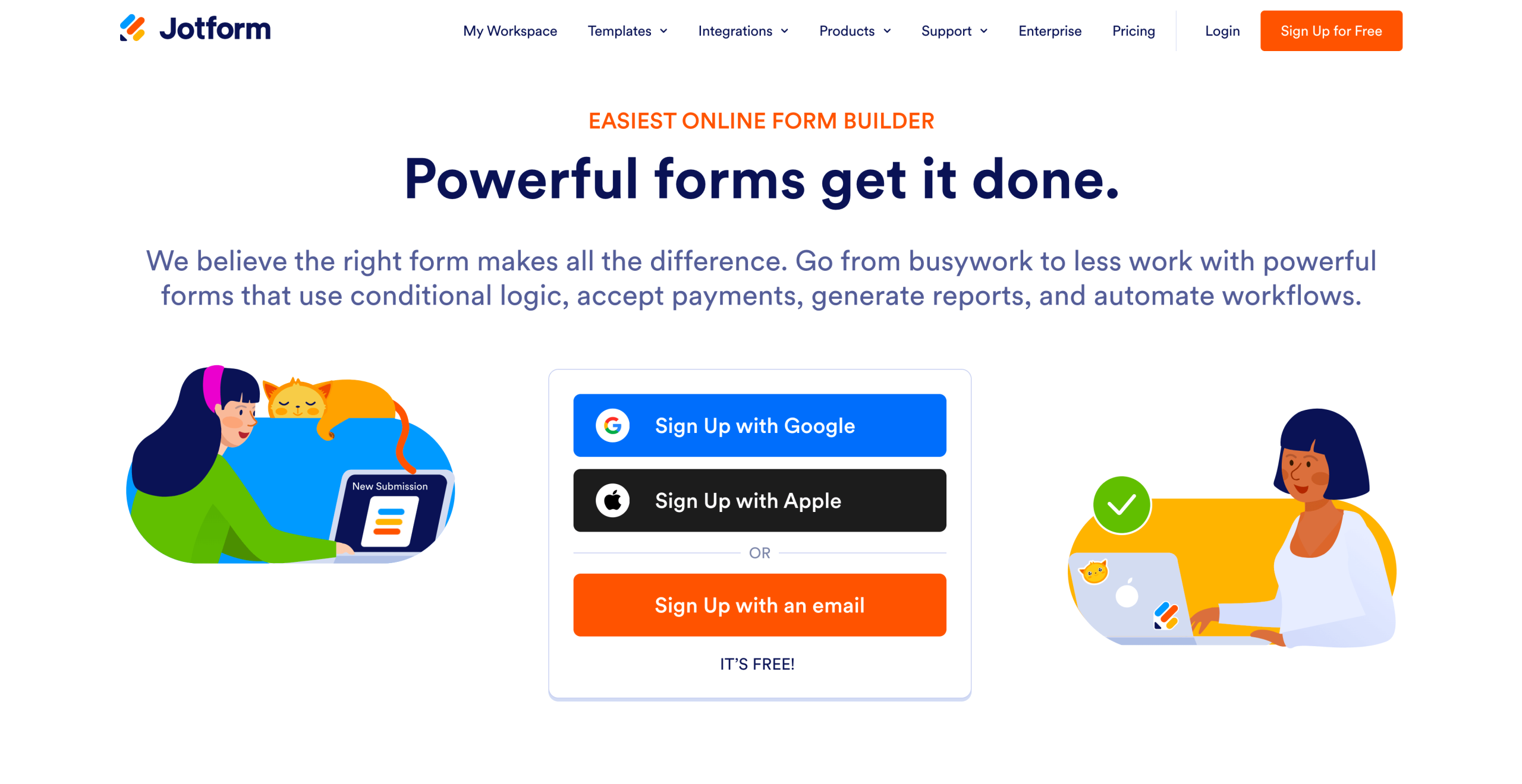 Screenshot of Jotform homepage with a headline "Powerful forms get it done"