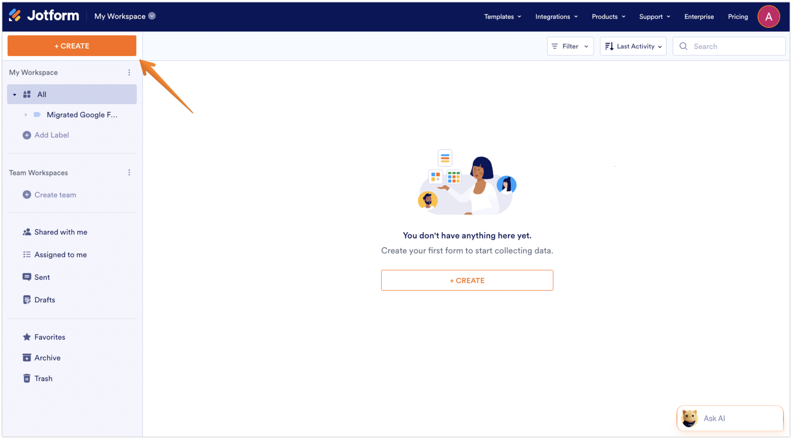 Jotform Workspace Create Button