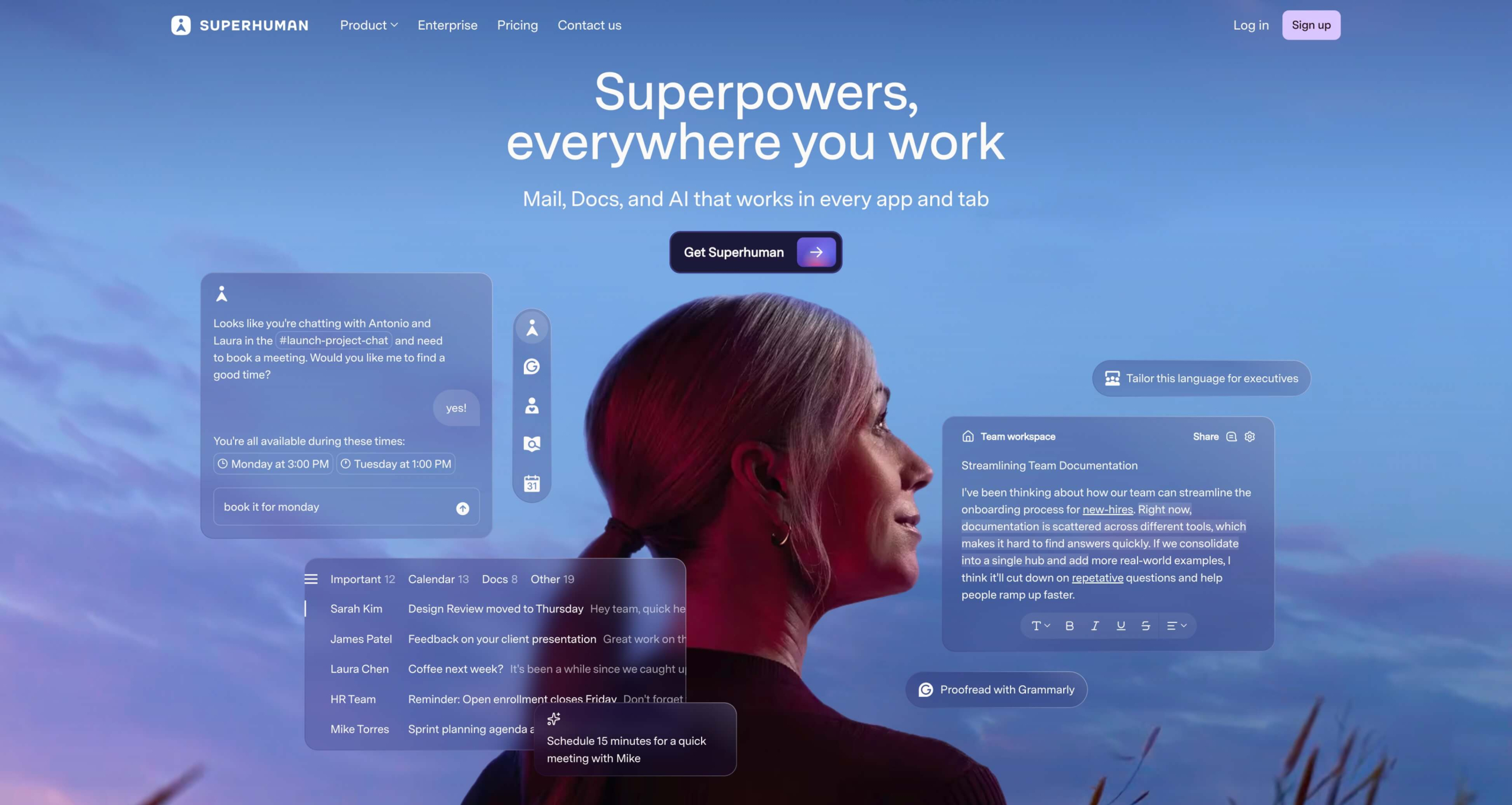 Screenshot of Superhuman homepage showing the headline "Superpowers, everywhere you work"