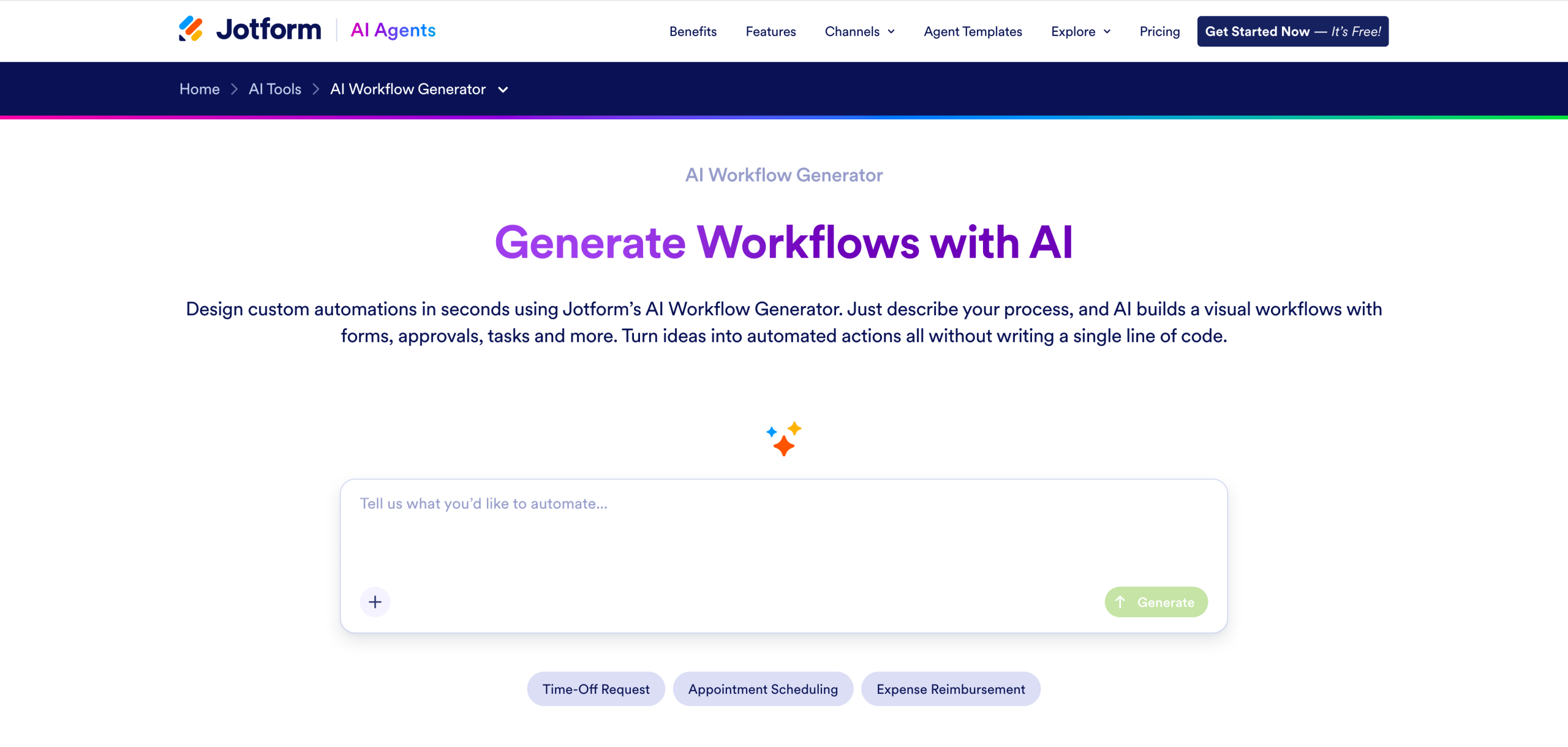 Screenshot of Jotform AI Workflow Generator's landing page, showing a headline "Generate Workflows with AI"
